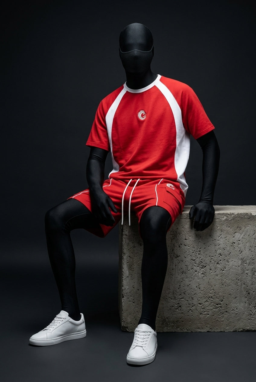 Mannequin seated on concrete block wearing red and white raglan tee, drawstring cargo shorts and white sneakers