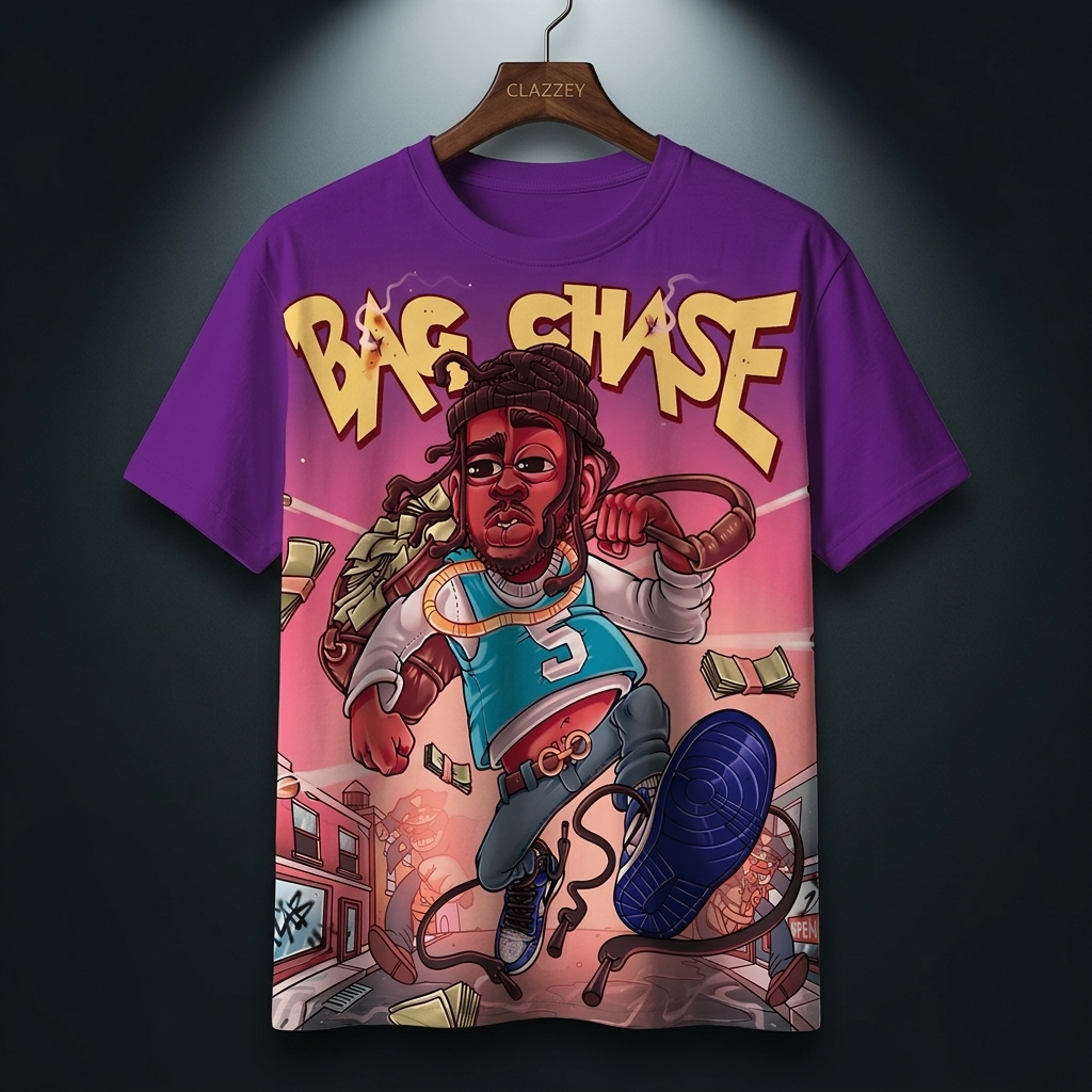 Purple round-neck tee on a Clazzey hanger, front view, with a "Bag Chase" cartoon runner carrying a money bag