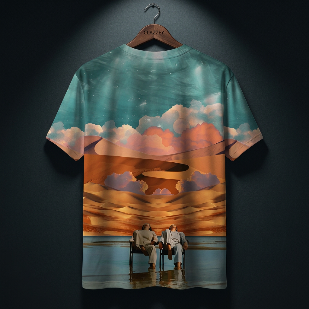 Back view of crew neck tee on hanger showing the same desert, clouds and two seated figures print