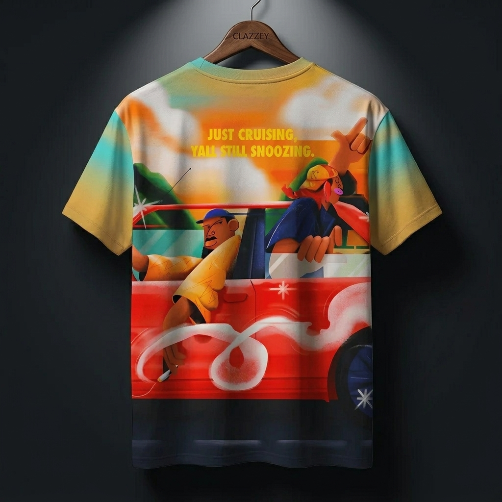 Back of the same tee on hanger with matching red car illustration, two figures and yellow slogan print