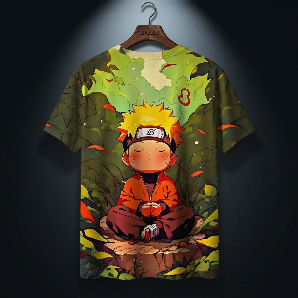 Back of green short-sleeve tee on hanger showing the same meditating cartoon ninja boy leaf print