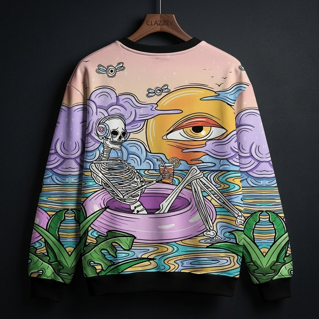 Back view of the same sweatshirt on hanger showing skeleton on float, sun with eye, clouds and green leaves