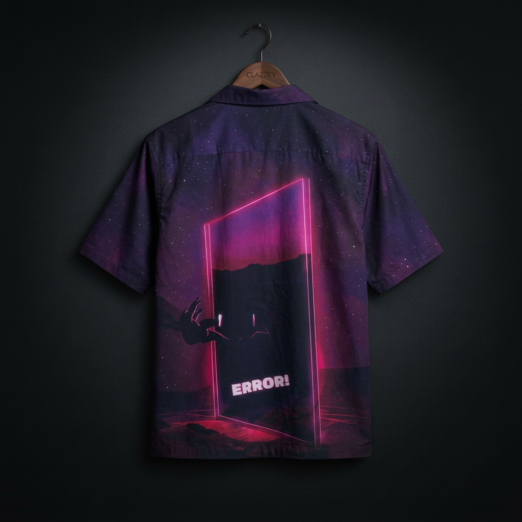 Back of short-sleeve purple galaxy-print shirt on hanger, with glowing neon pink doorway and "ERROR!" text