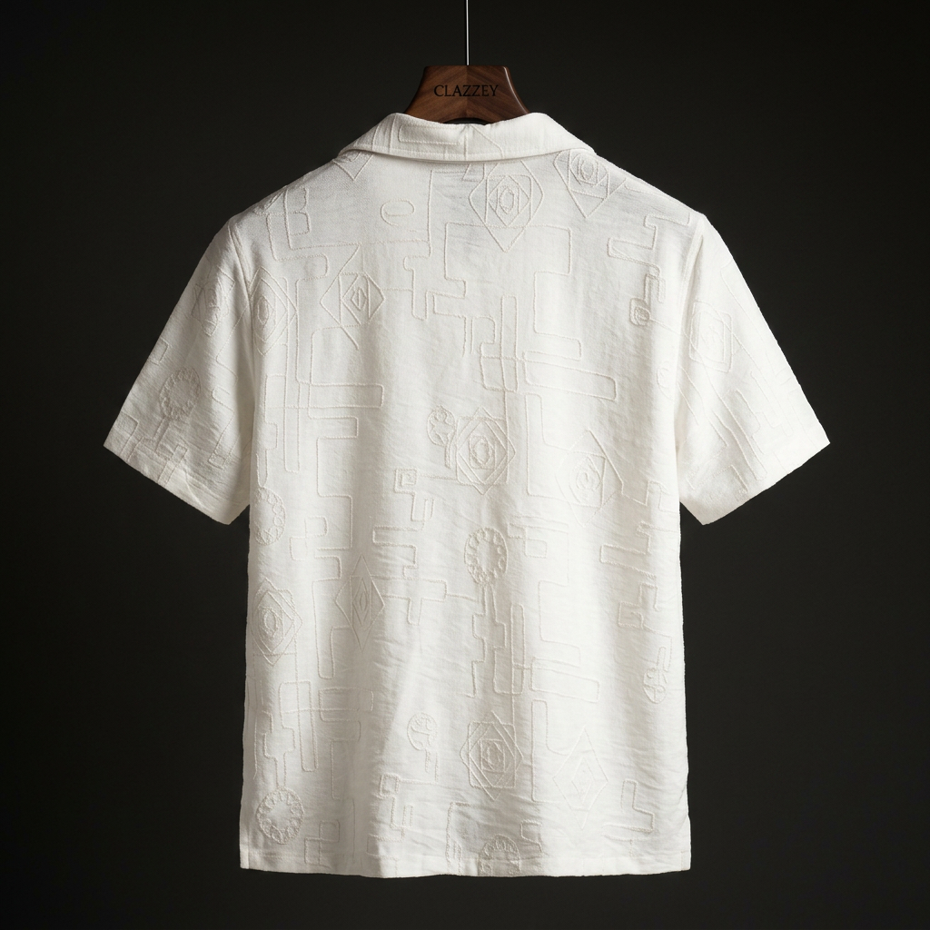 Back view of white short-sleeve shirt with raised tonal geometric pattern, hanging on a wooden Clazzey hanger