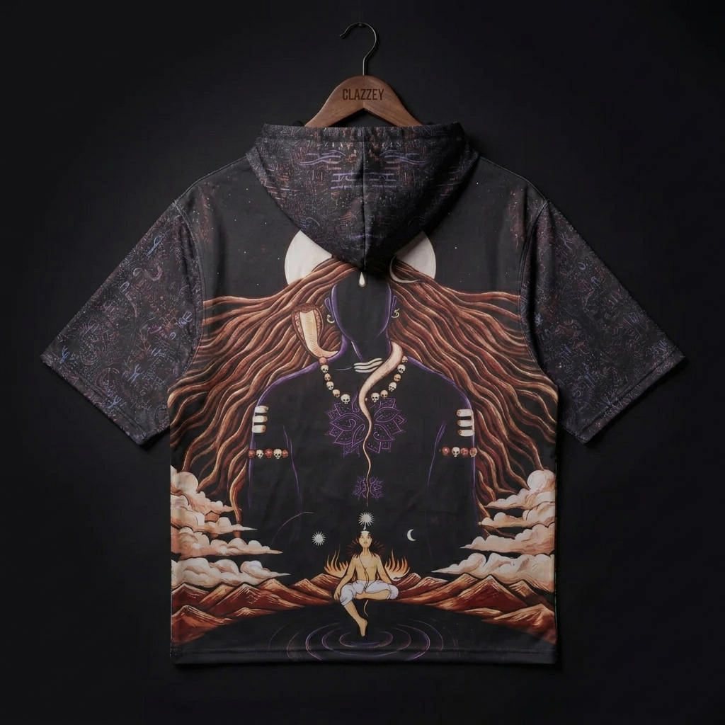 Back of the short-sleeved hooded tee on a hanger, showing the same meditating figure graphic and patterned hood and sleeves
