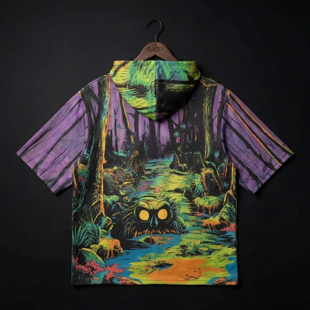 Back of short-sleeve printed hoodie on hanger showing the same neon swamp forest print and a green-yellow hood