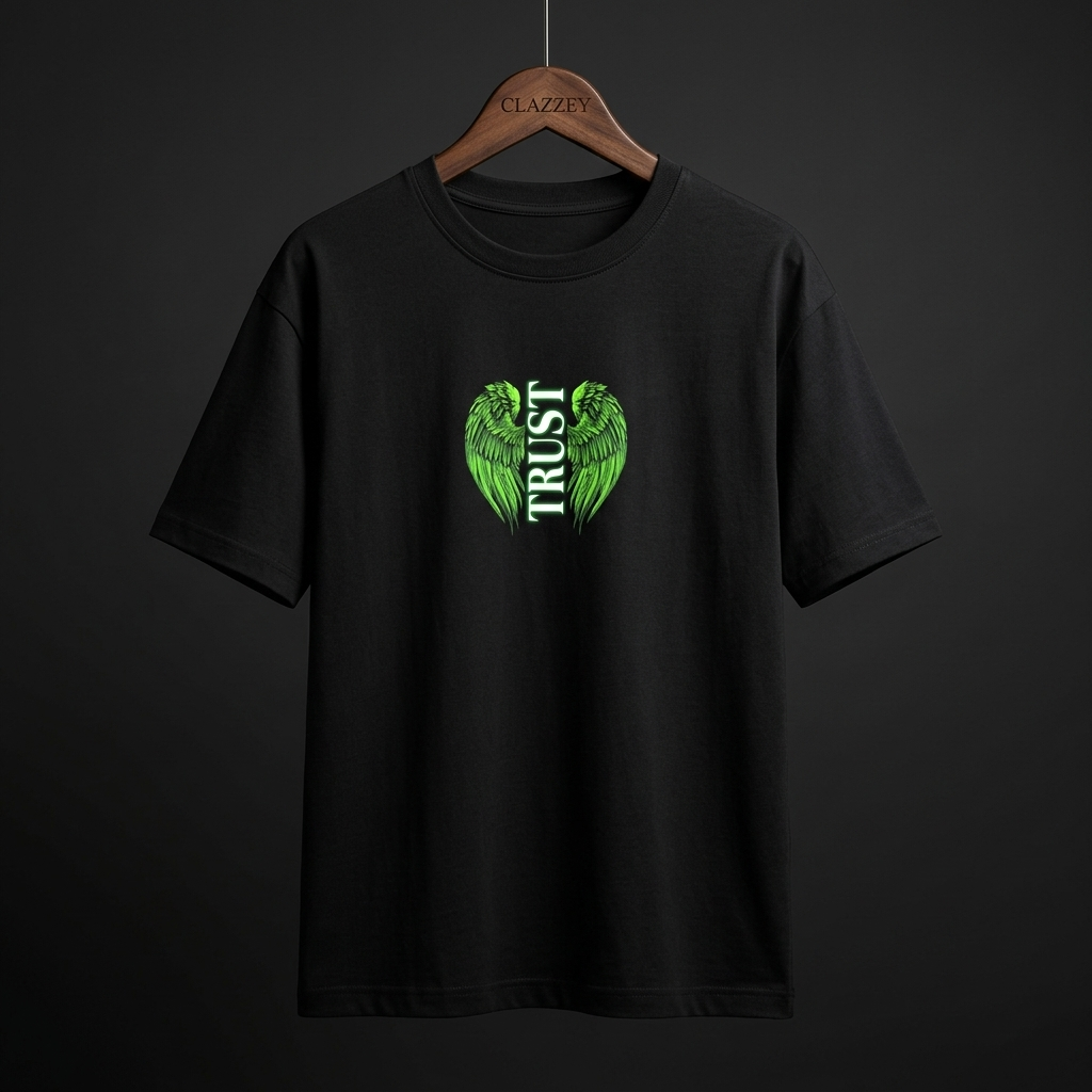 Front of black oversized tee on wooden hanger with green angel wings and vertical TRUST print