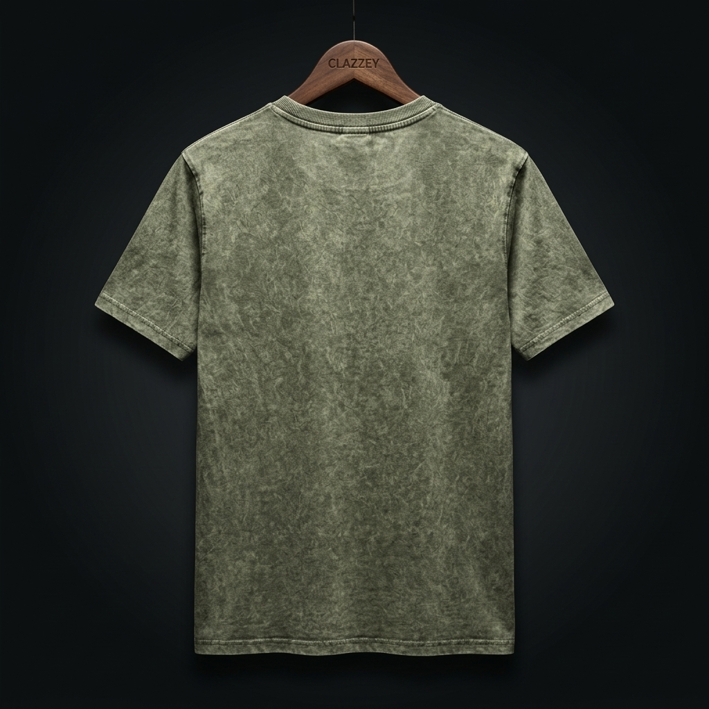 Back of olive green acid wash t-shirt on a wooden hanger, plain with mottled faded texture