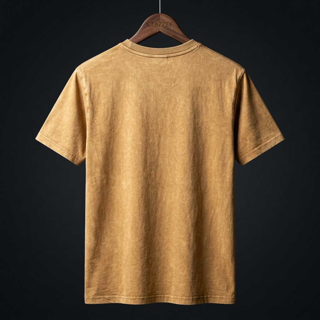 Back of a mustard-brown acid wash short-sleeve tee hanging on a wooden Clazzey hanger