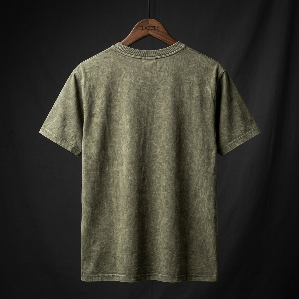 Back view of olive green acid wash short-sleeve t-shirt hanging on wooden Clazzey hanger against dark backdrop