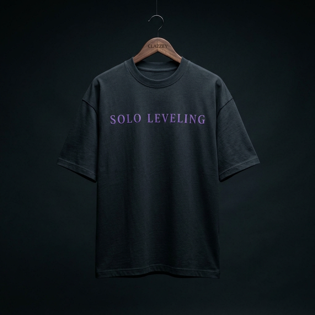Front view of black oversized tee on hanger with purple SOLO LEVELING lettering across the chest