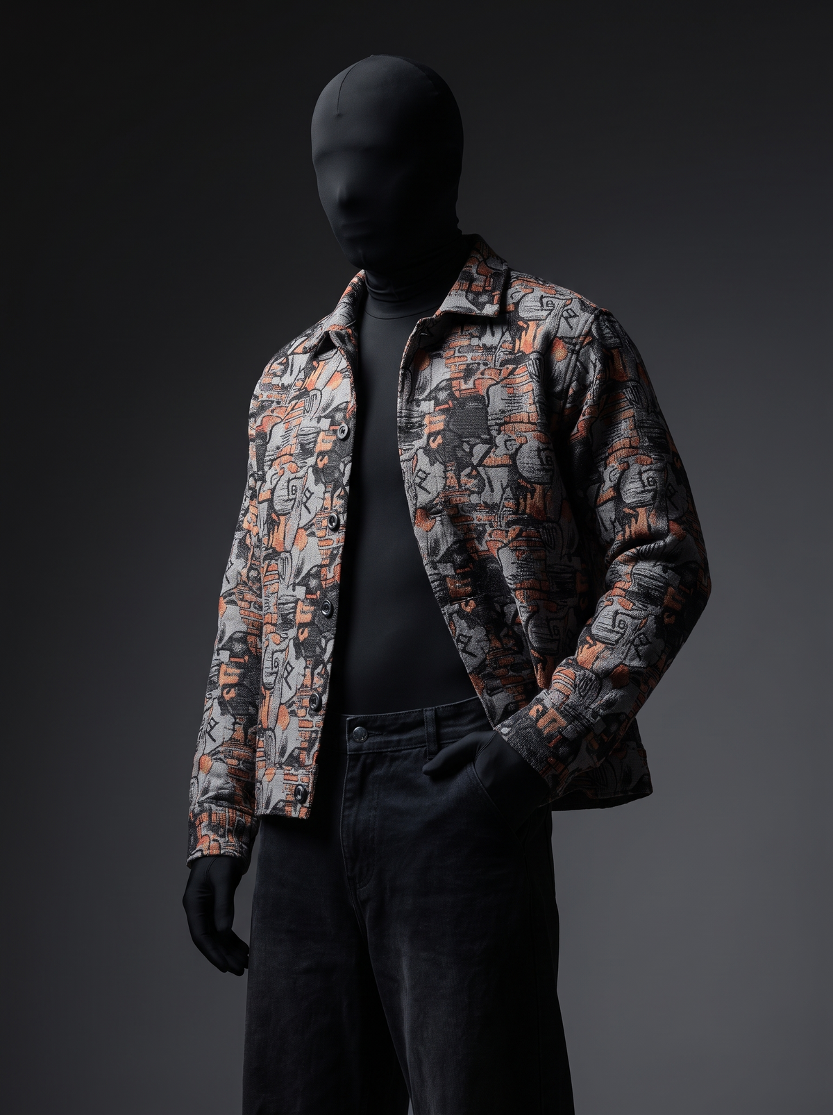 Ash Relic Over Shirt - charcoal-rust glyph print jacquard shacket, front view