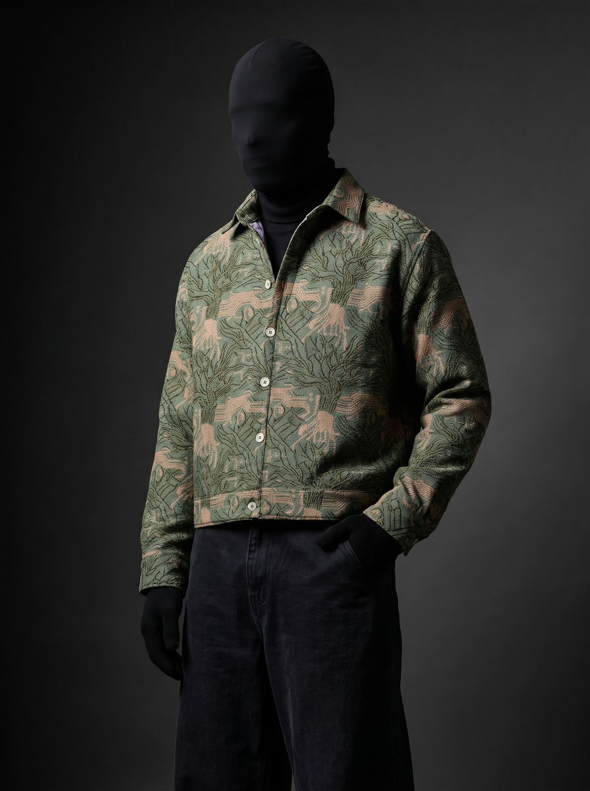 Fern Hollow Over Shirt - olive botanical leaf print jacquard shacket, front view