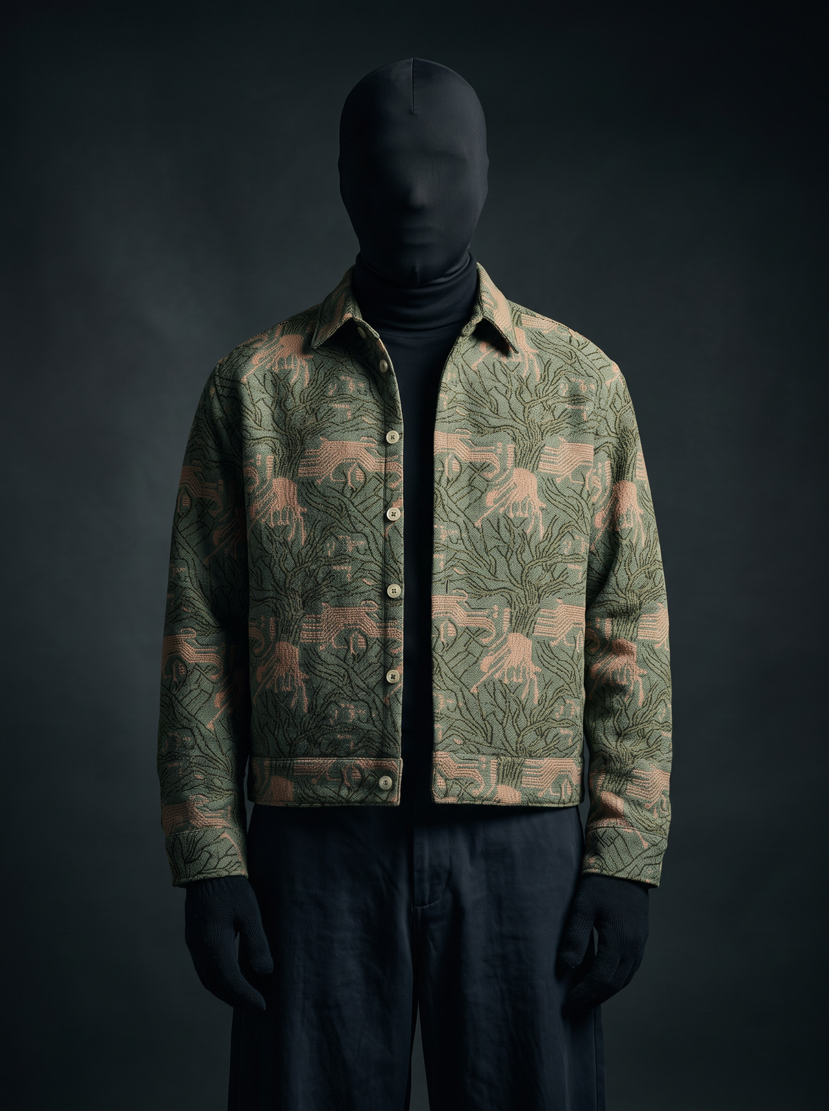Fern Hollow Over Shirt - olive botanical leaf print jacquard shacket, back view