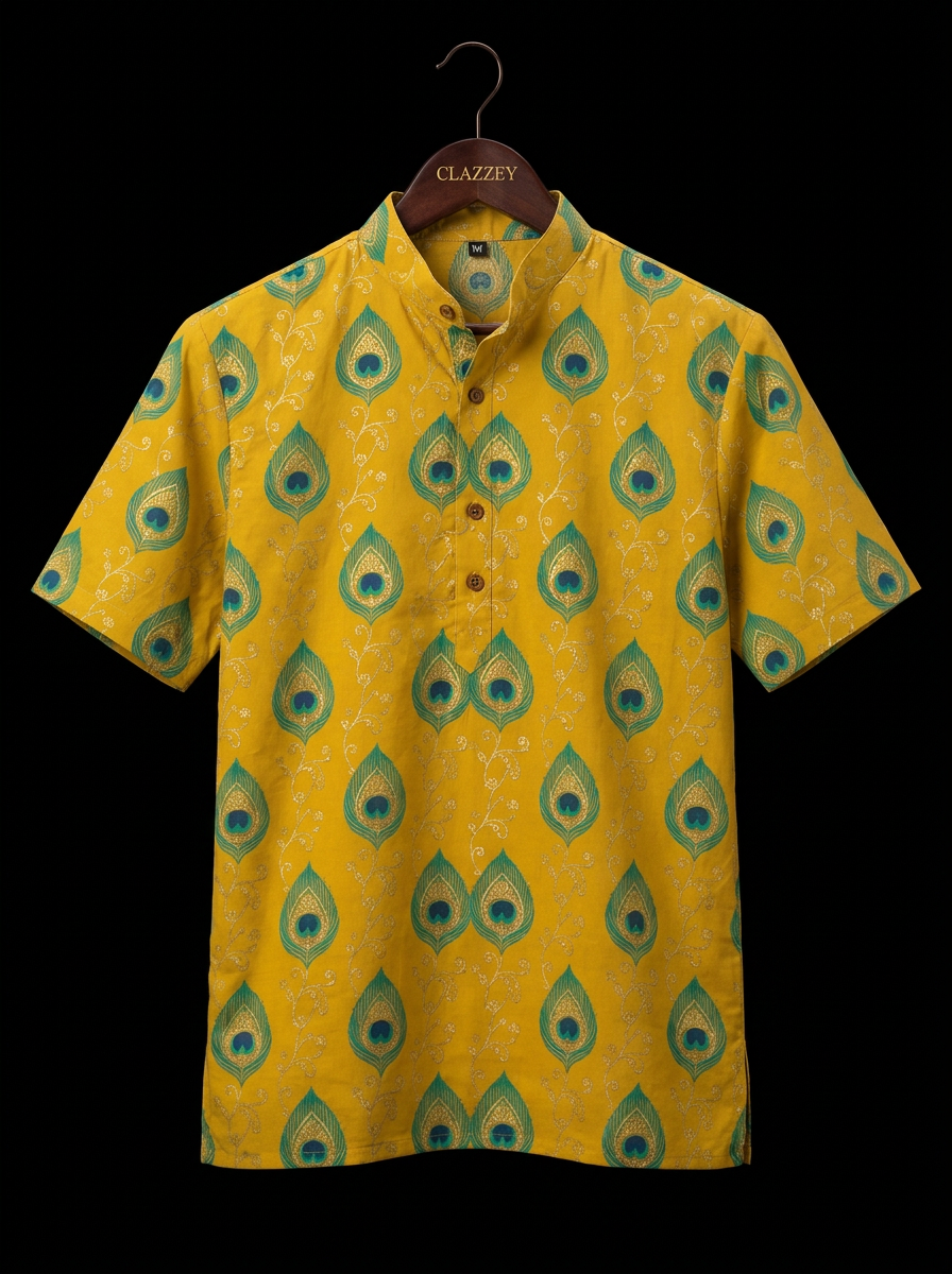 Peacock Feather Yellow Short Kurta hanging front view