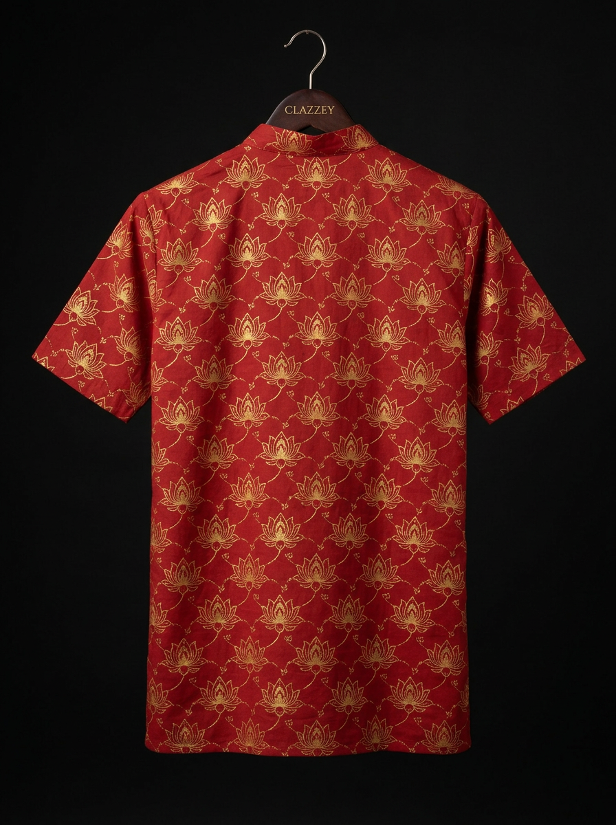 Red Lotus Print Short Kurta hanging back view