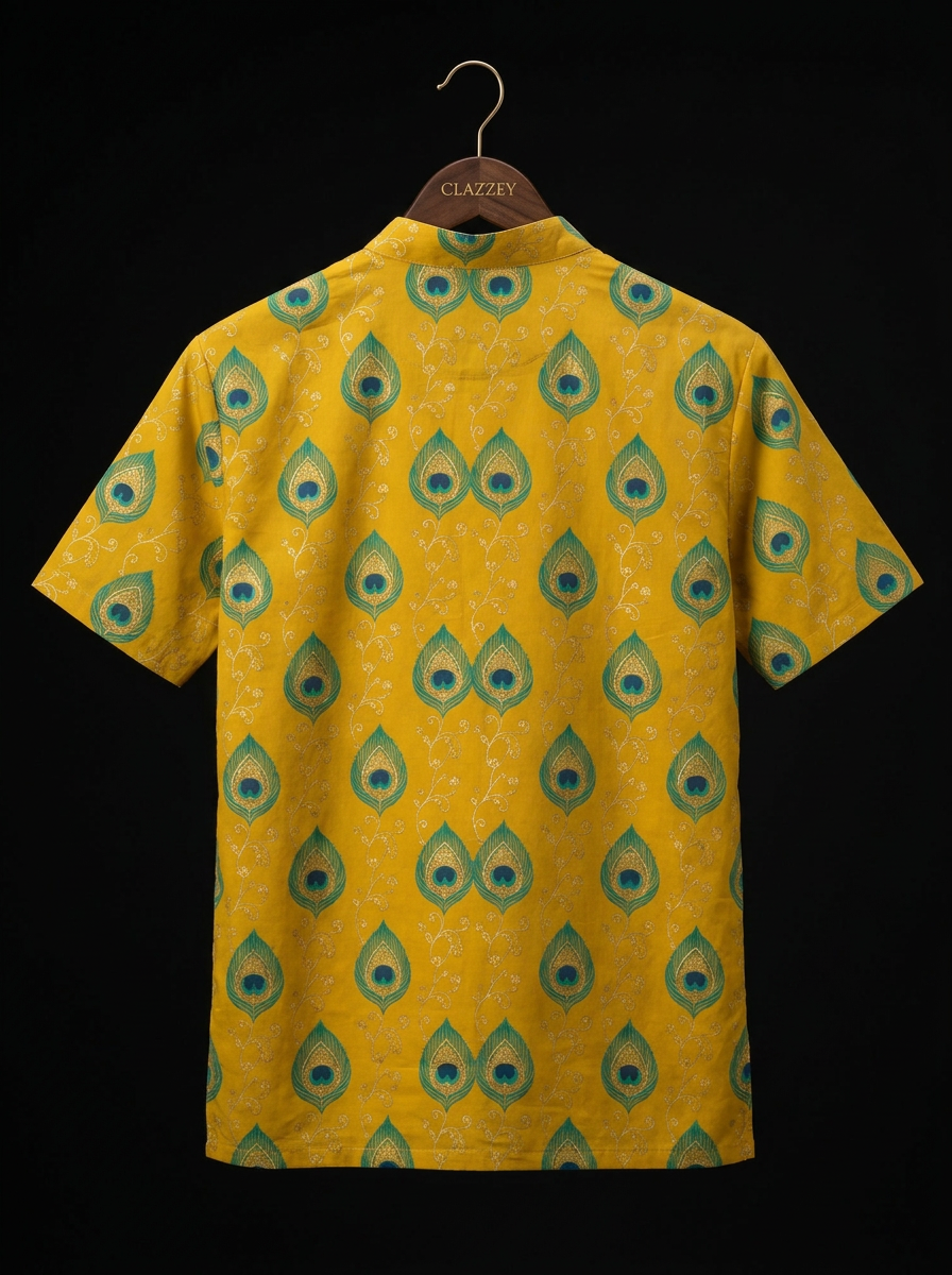 Peacock Feather Yellow Short Kurta hanging back view