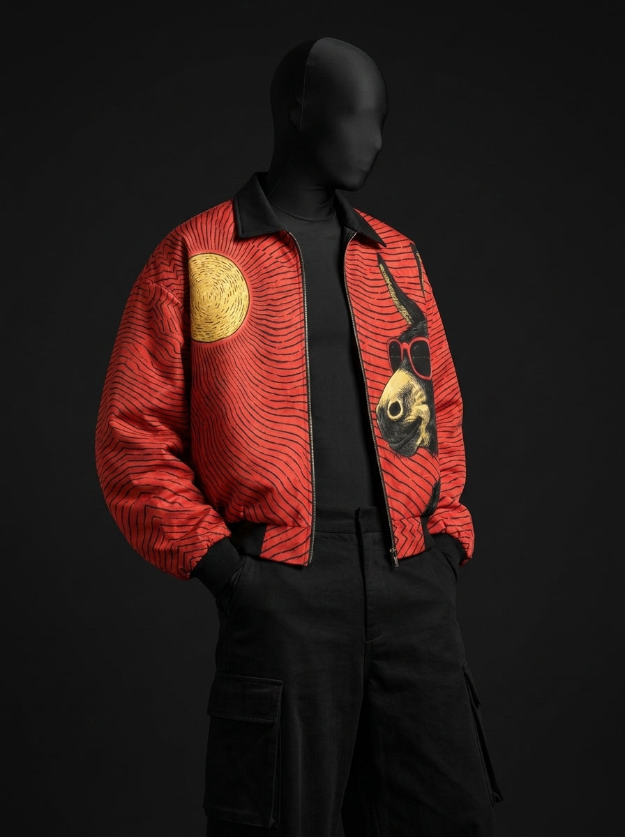 Red Wave Graphic Zip-Up Jacket - Fur Lined