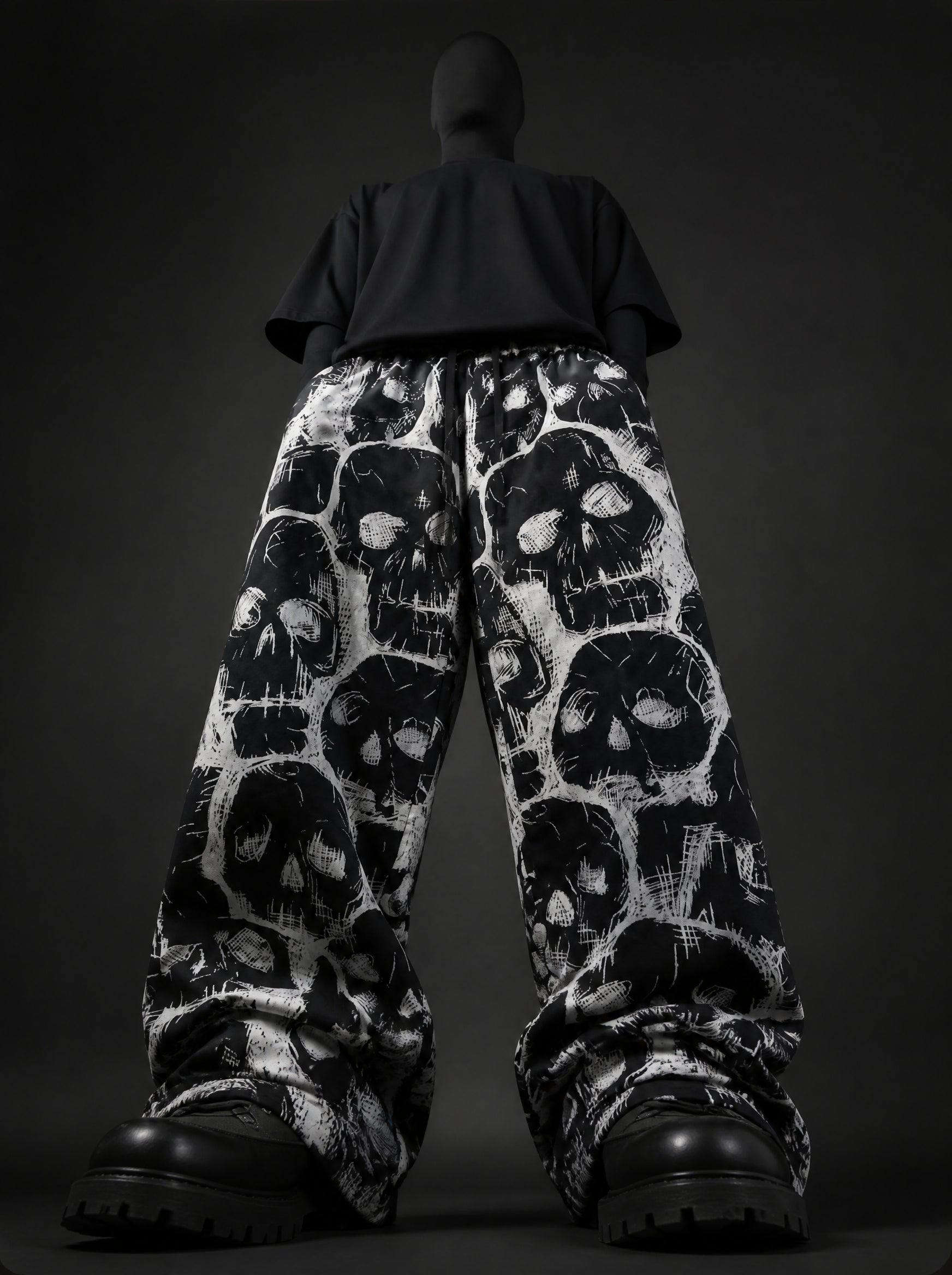 Printed Baggy Pants - Spectral Skull Wide-Leg Trousers