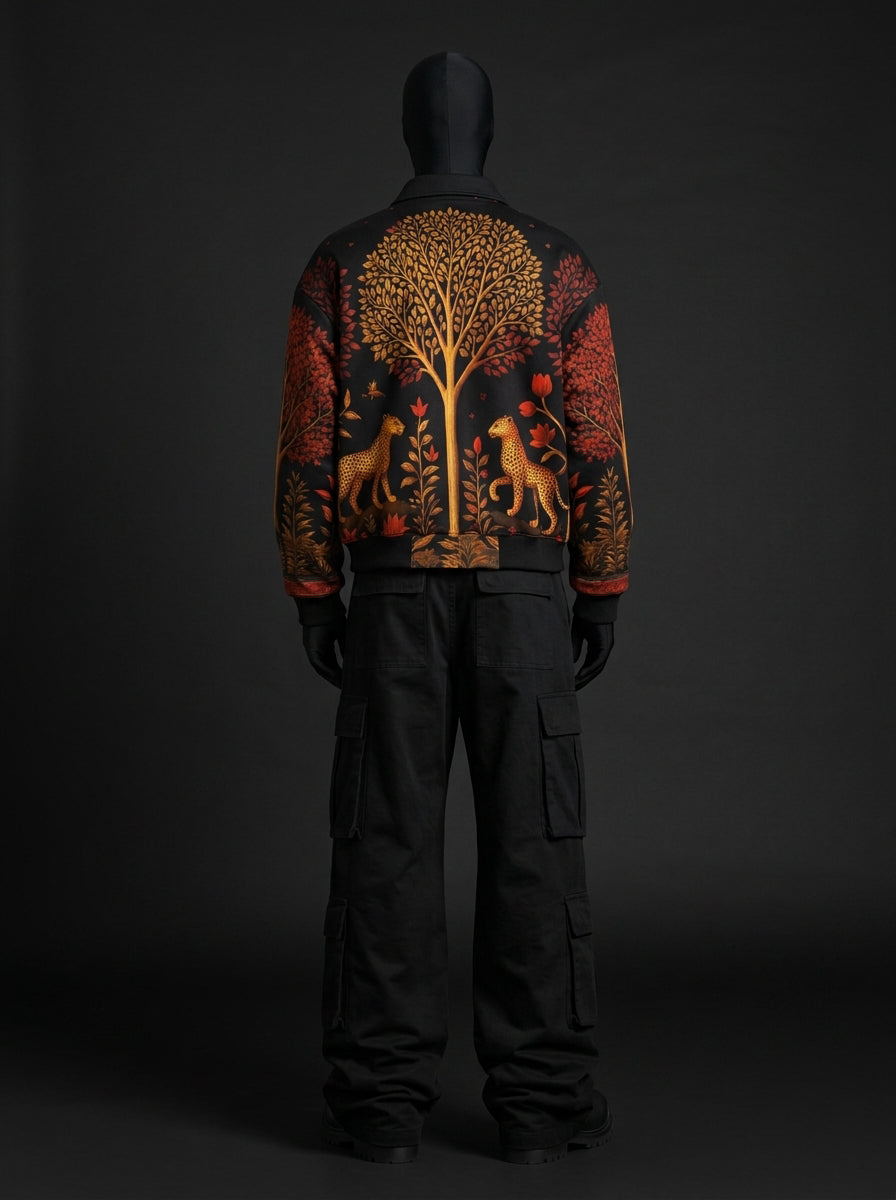 Back view of black jacket showing a large golden tree flanked by two leopards, red tree sleeves, black cargo pants