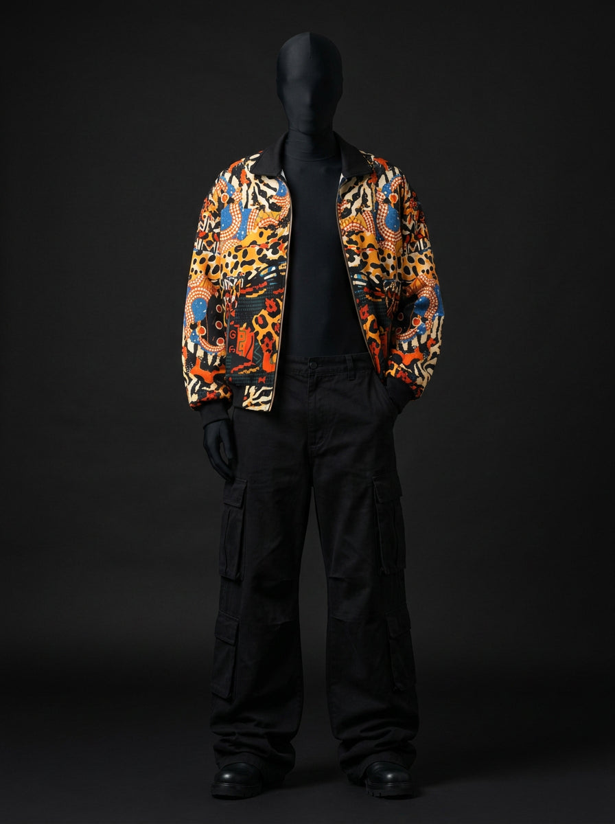 Full-length front view of mannequin in open printed jacket, hands in pockets, black cargo pants and boots