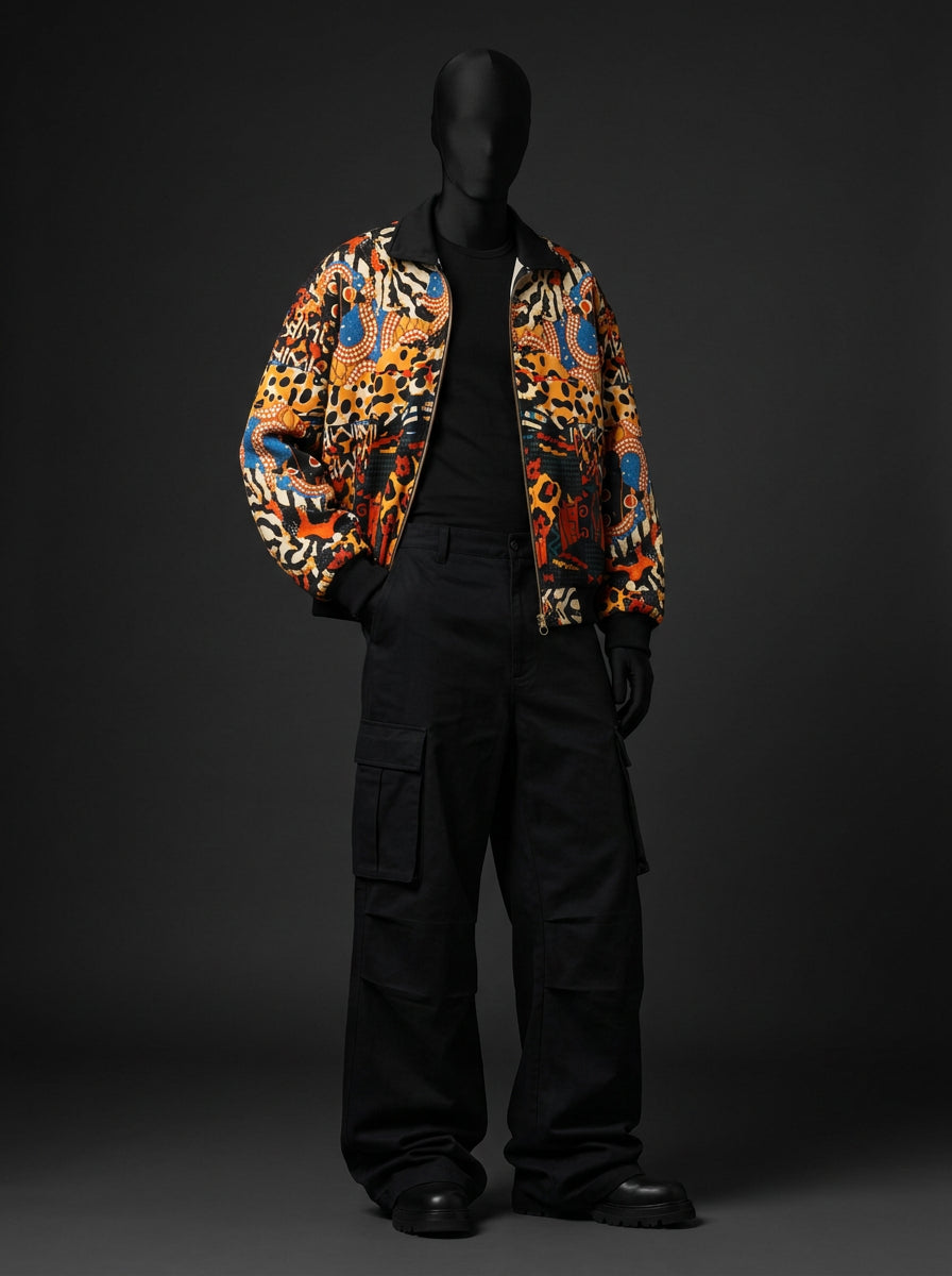 Full-length front view of mannequin in printed zip jacket, black tee, wide cargo pants and boots