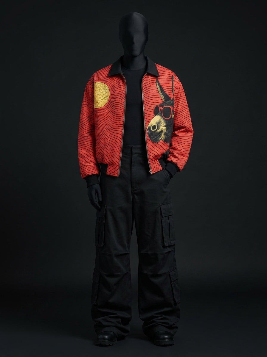 Full-length front view of red wave-print jacket with donkey graphic, black cargo pants and black boots