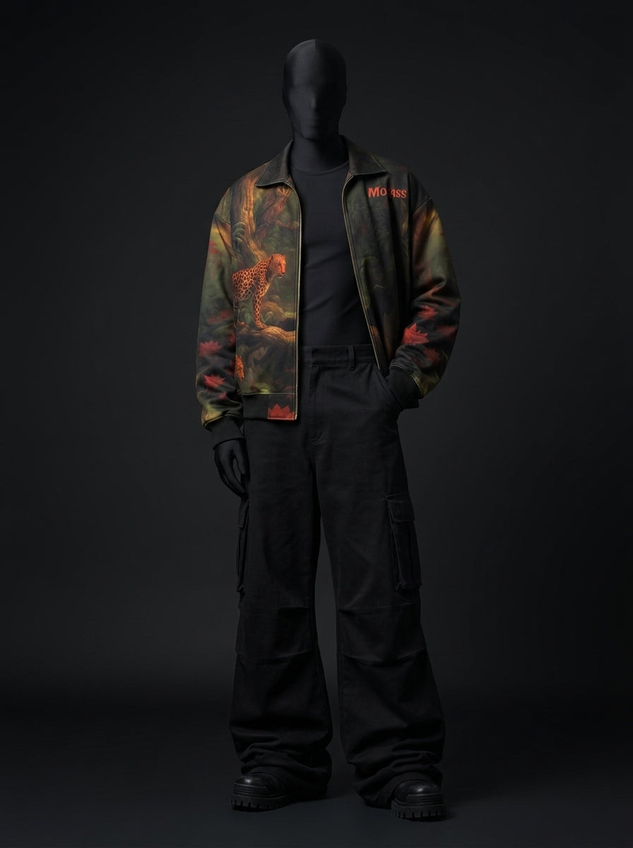 Full-length front view of mannequin in leopard jungle print jacket, black tee, wide cargo pants and boots