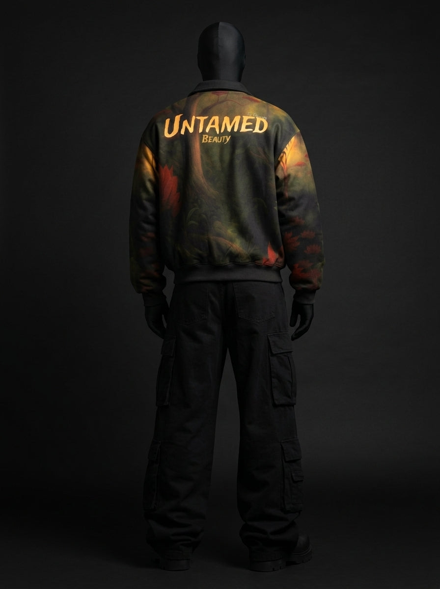 Back view of jungle print jacket with yellow "Untamed Beauty" lettering, worn with black cargo pants and boots