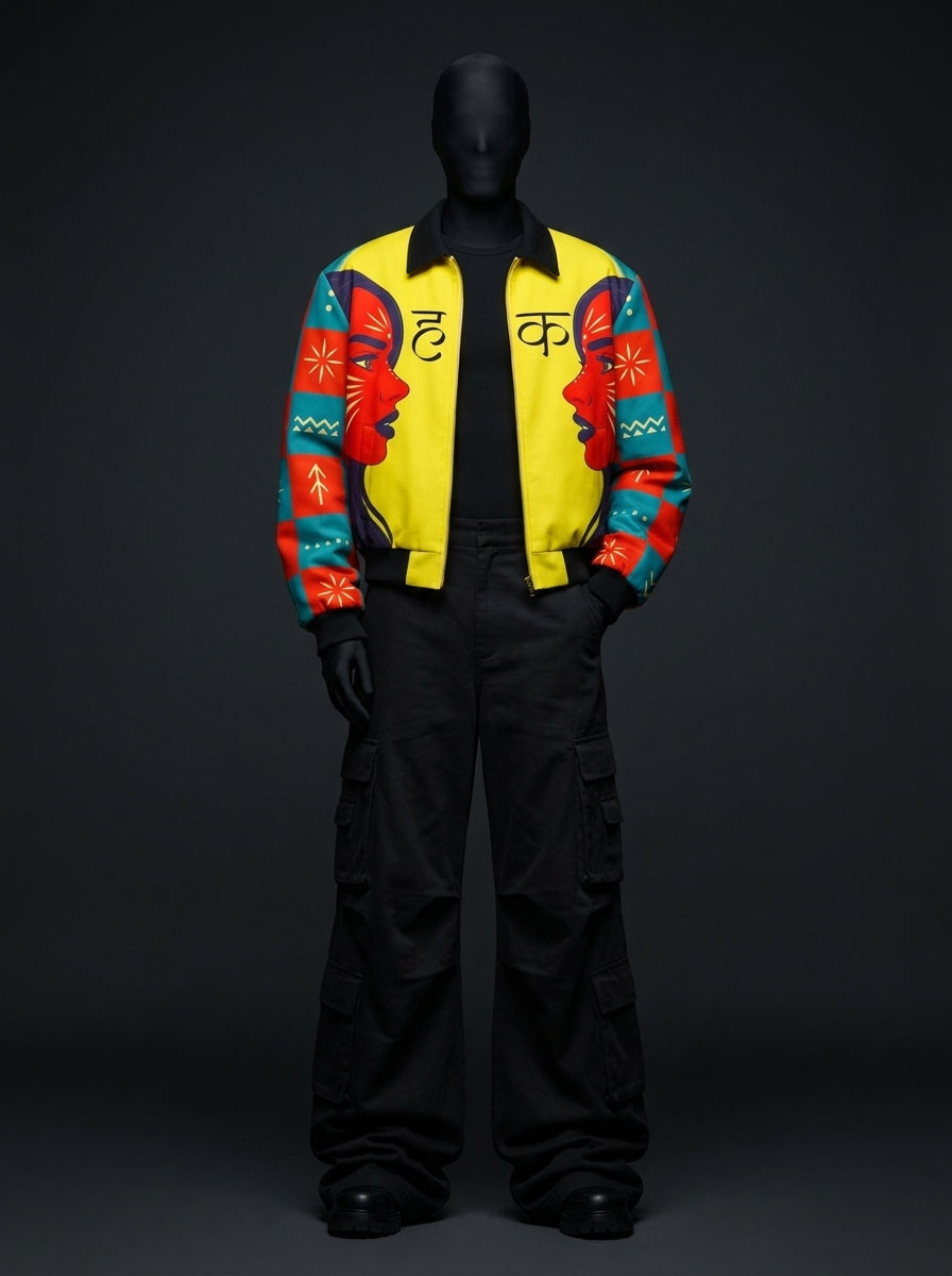 Front view of open yellow bomber jacket with mirrored red face profiles, Devanagari letters and patterned sleeves, worn with black cargo pan