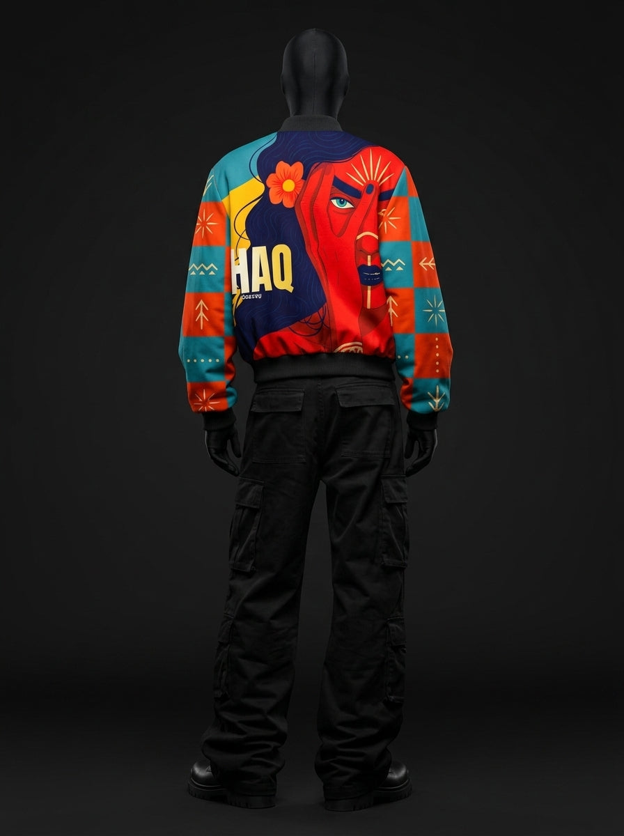 Back view of bomber jacket with red-faced woman illustration, orange flower, bold HAQ lettering and checkered sleeves