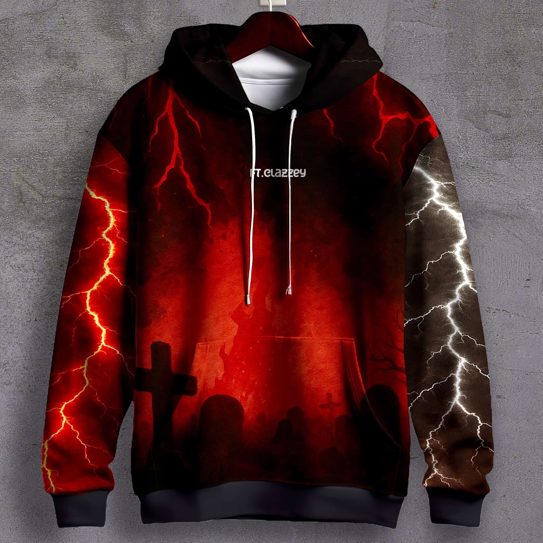 Kalyug Graphic Hoodie – Inferno Streetwear Print featuring fiery red and dark lightning designs.