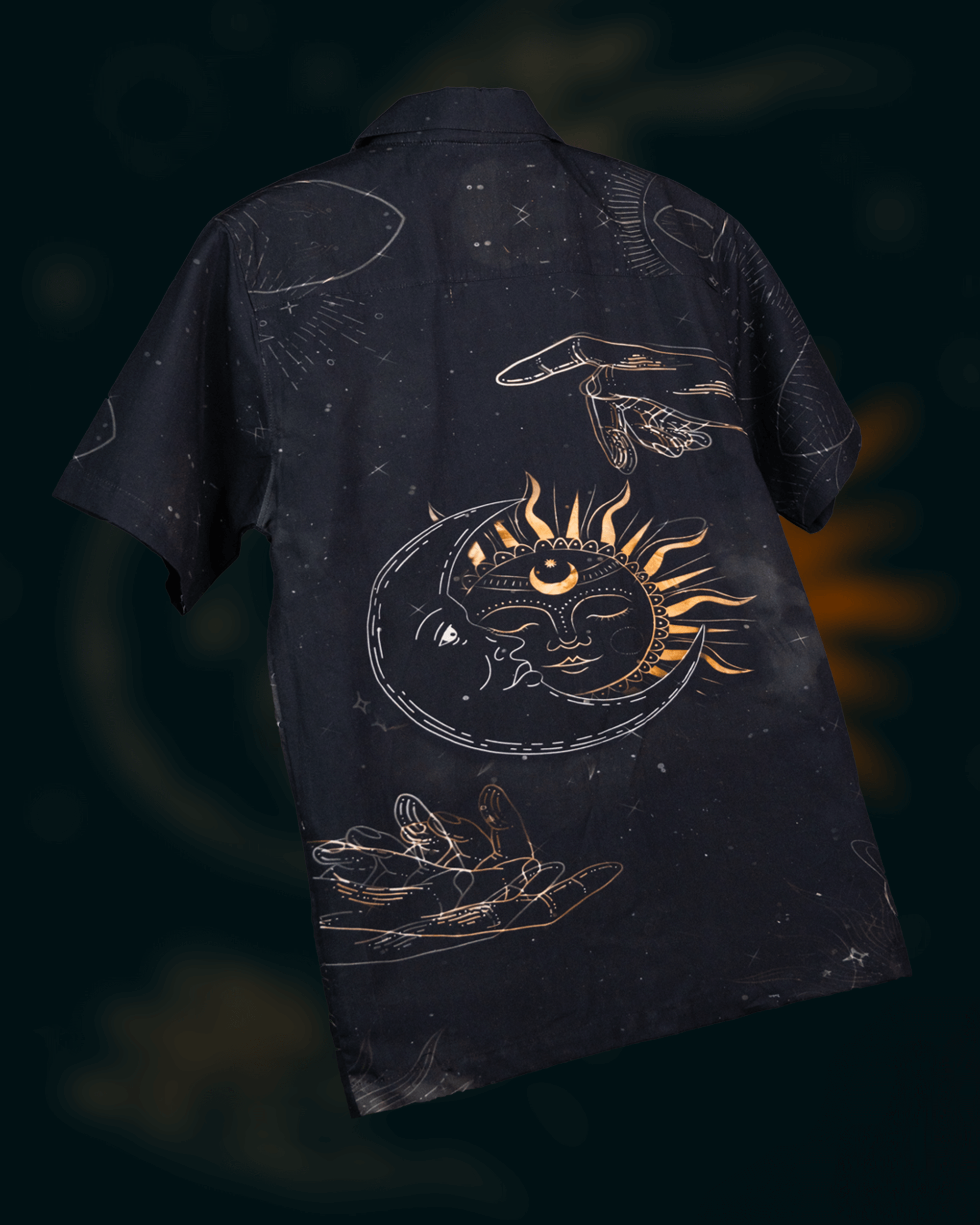 Zodiac Flow Cotton Shirt featuring cosmic-inspired sun and celestial designs on a dark background.