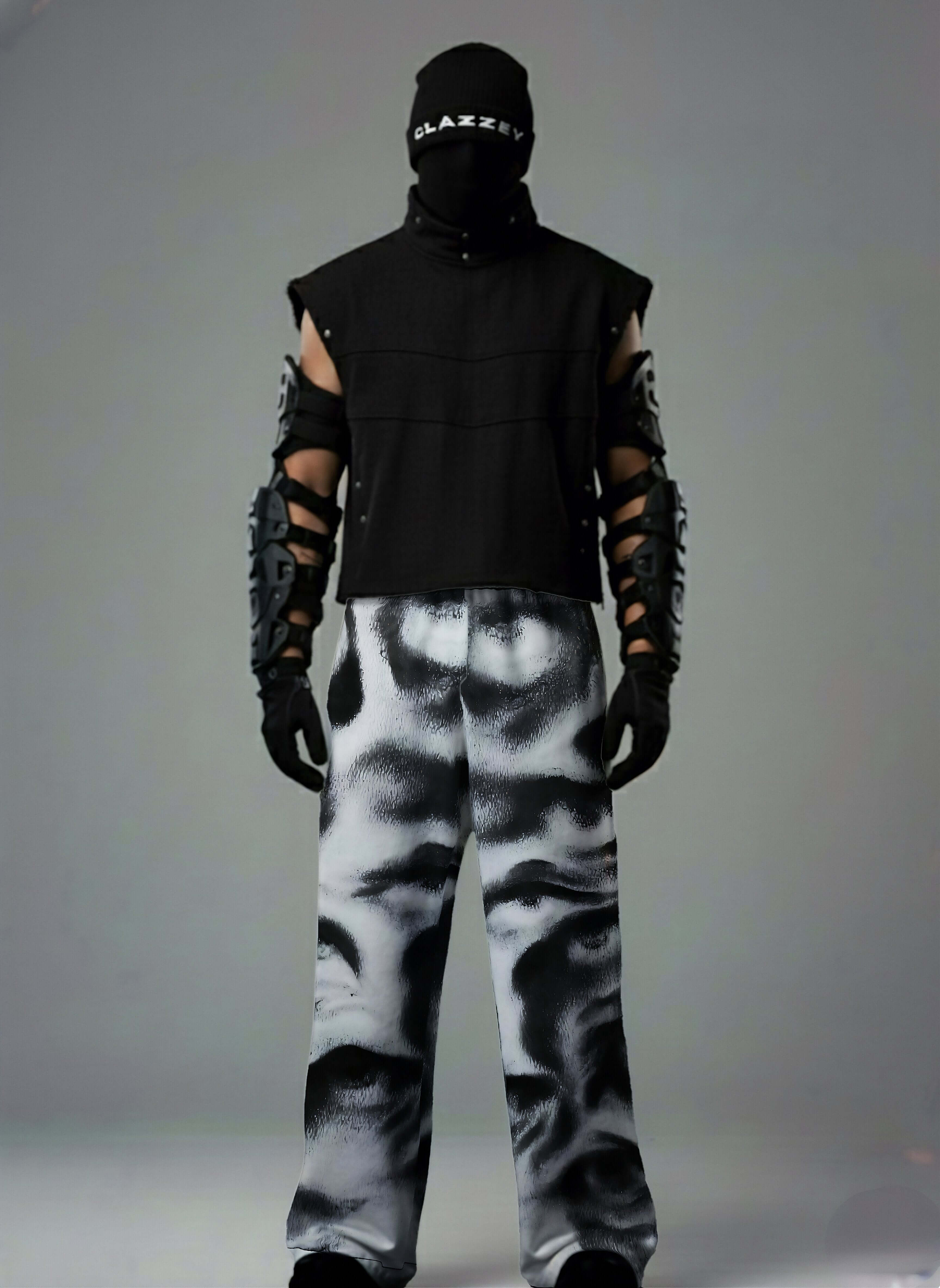 Noir Visage, Printed Baggy Pants, Black Baggy Pants, Monochrome Pants, Baggy Fit Pants, Streetwear Pants, Oversized Pants, Graphic Print Pants, Statement Pants, Urban Streetwear, Unisex Streetwear, Relaxed Fit Pants, Trendy Bottomwear, Contemporary Fashio