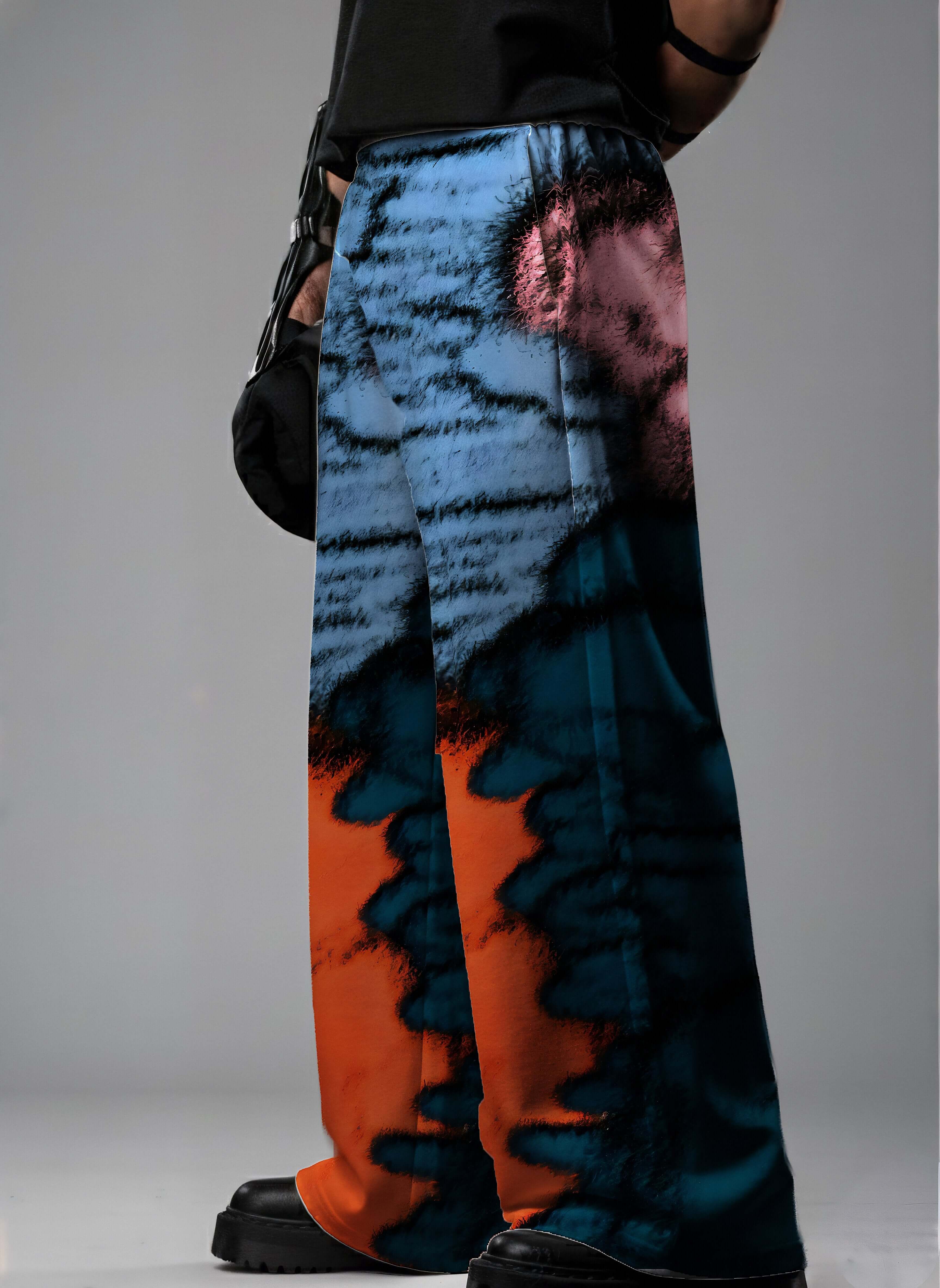 Azure Ember, Abstract Printed Pants, Printed Baggy Pants, Baggy Fit Pants, Streetwear Pants, Oversized Pants, Graphic Print Pants, Statement Pants, Urban Streetwear, Unisex Streetwear, Relaxed Fit Pants, Trendy Bottomwear, Contemporary Fashion, Clazzey Pa