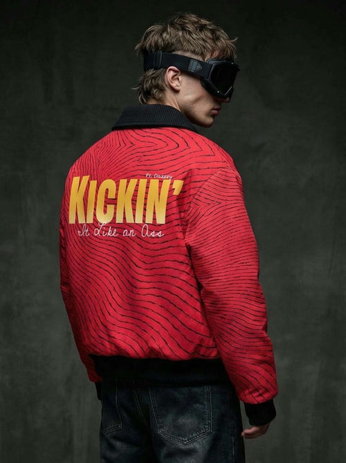 Red Wave Graphic Zip-Up Jacket - Fur Lined