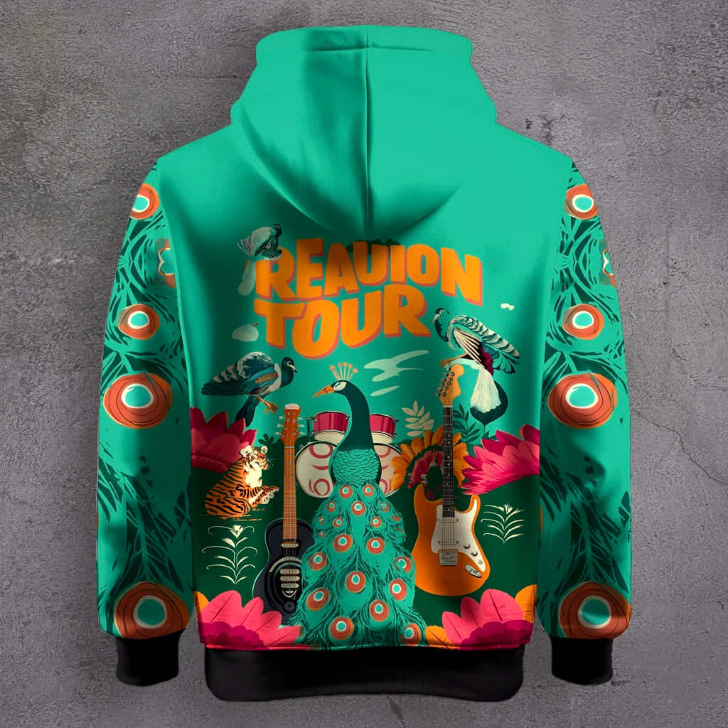 Reunion Tour Graphic Hoodie - Teal Groove Nation All-Over Print featuring vibrant colors and artistic designs.