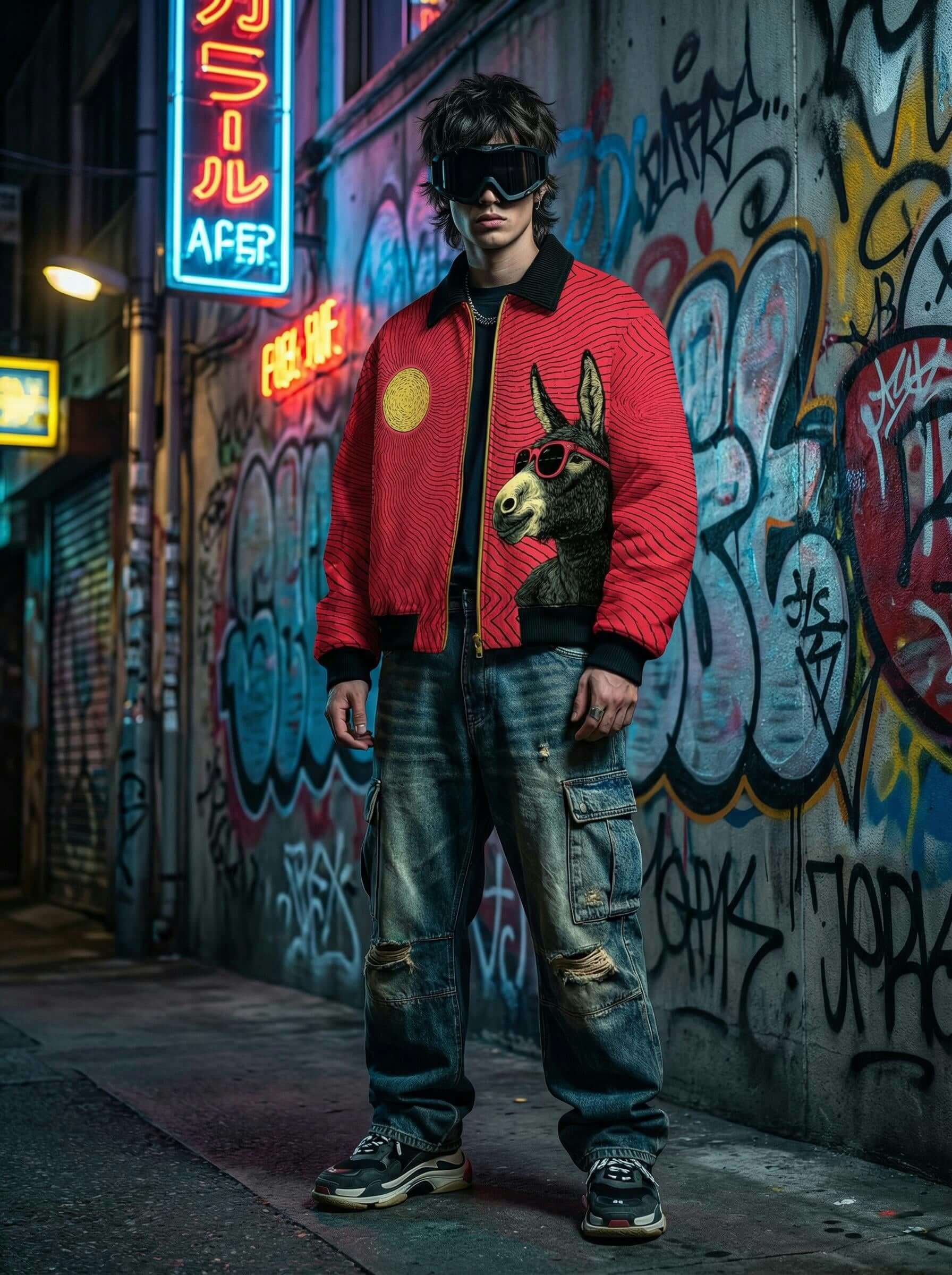 Red Wave Graphic Zip-Up Jacket - Fur Lined