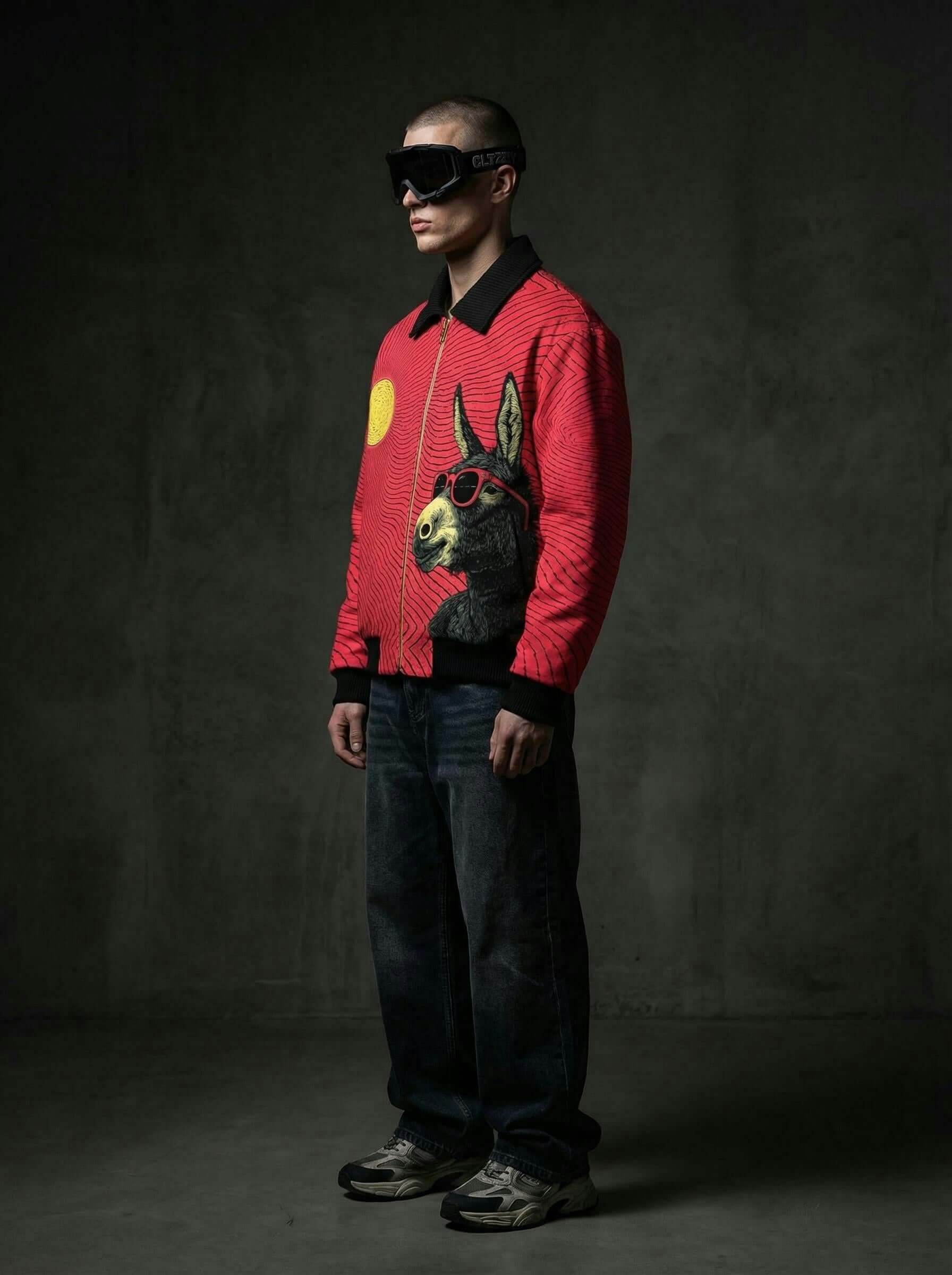 Red Wave Graphic Zip-Up Jacket - Fur Lined