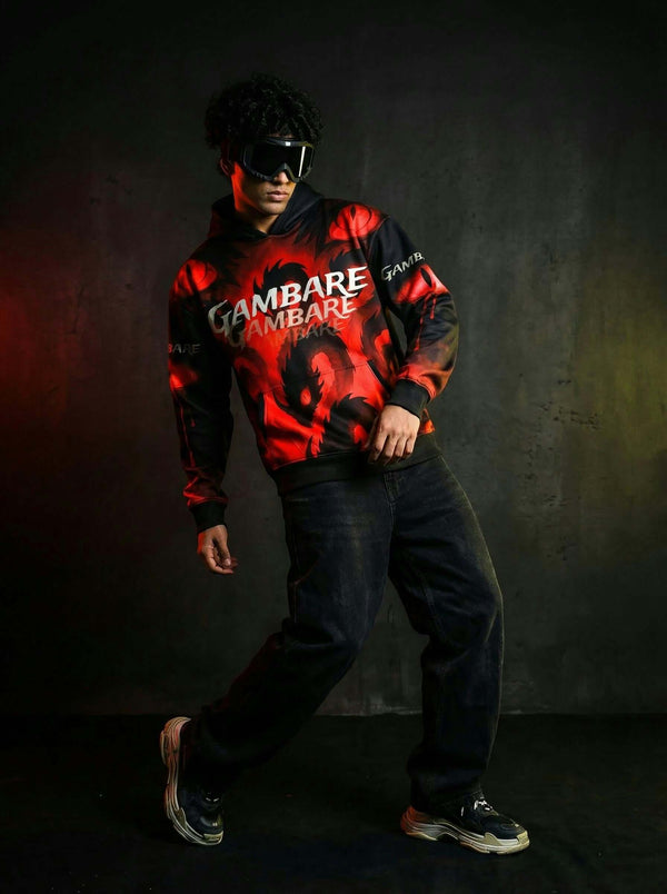 Gambare Anime Graphic Hoodie – Fiery Red Streetwear Print