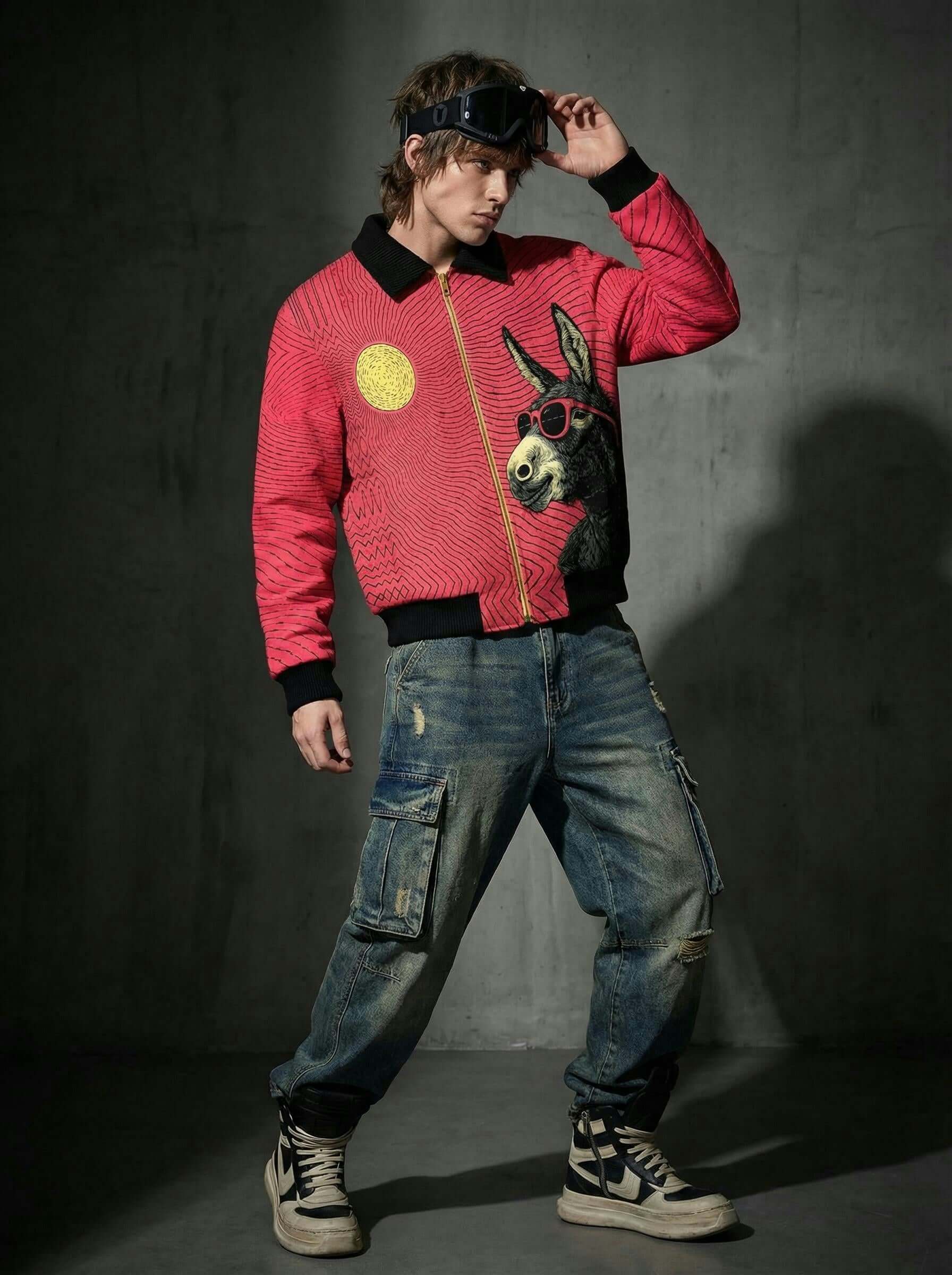 Red Wave Graphic Zip-Up Jacket - Fur Lined