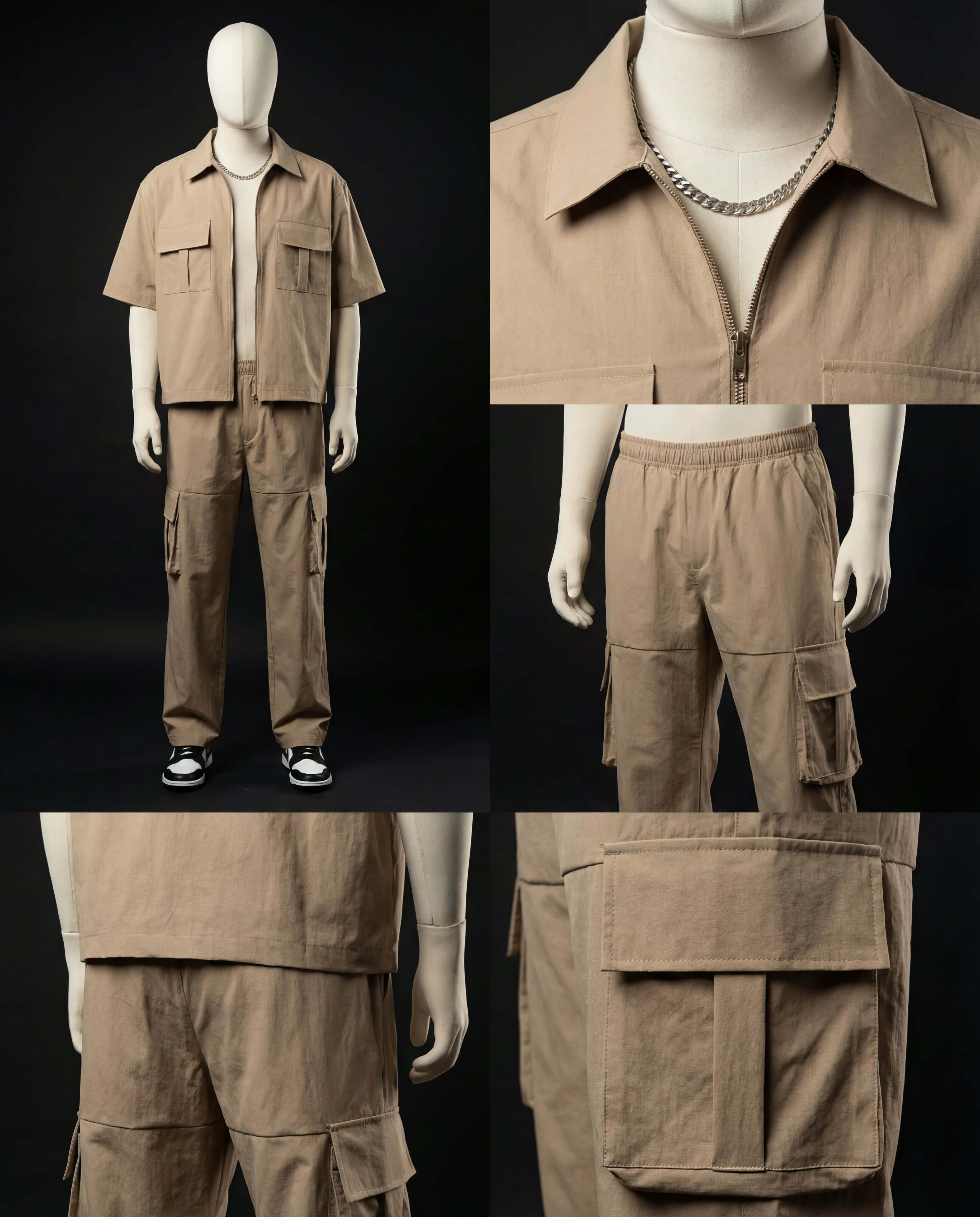 Tan Utility Zip Co-ord featuring a short-sleeve shirt and cargo pants in a modern tactical style.