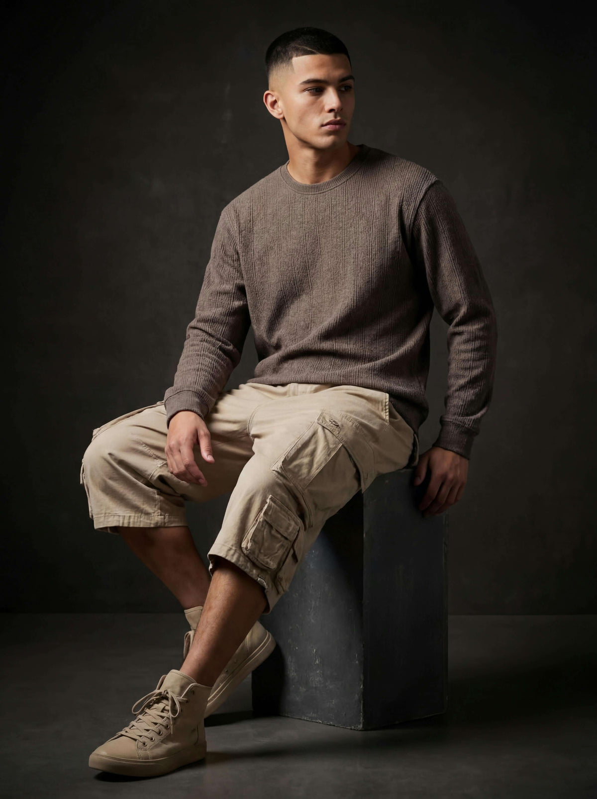Model seated on a block wearing a brown textured sweatshirt, beige cargo shorts and tan high-top sneakers