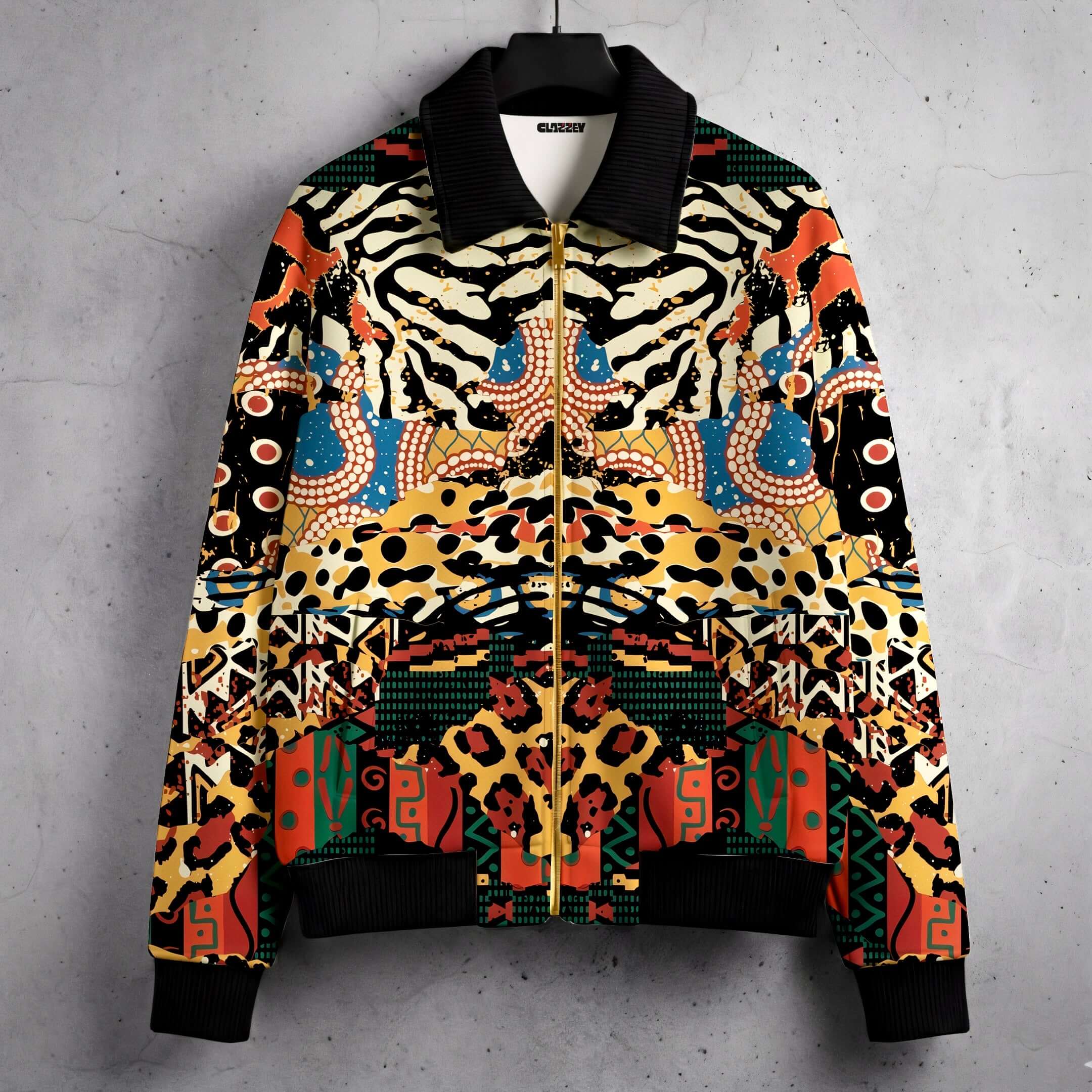 Abstract Savanna Multicolor Fur-Lined Zip-Up Jacket featuring a vibrant, artistic design with bold patterns and colors.