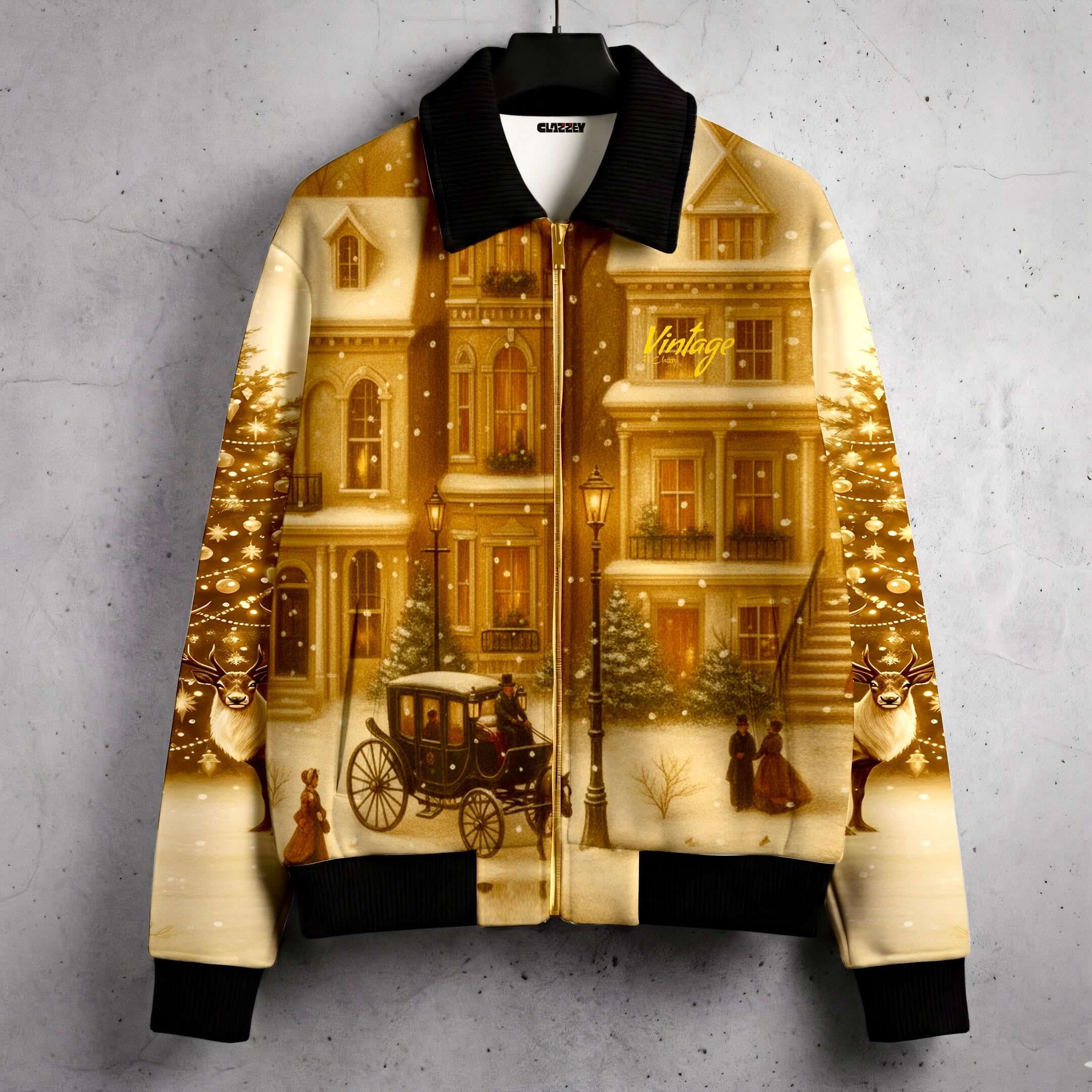Clazzey Golden Hour Fur-Lined Zip-Up Jacket front view – winter wear for men with golden hour snowy print