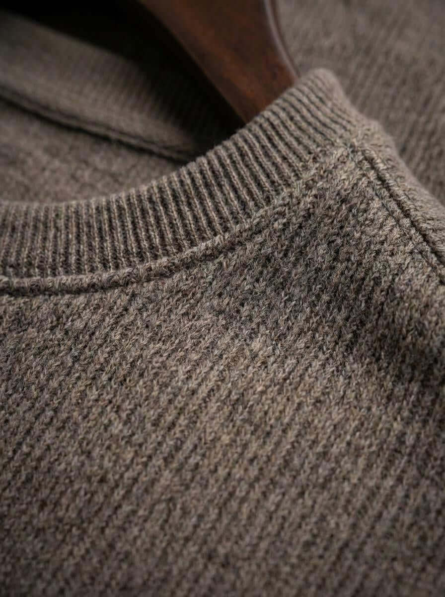 Close-up of the brown knit collar and ribbed jacquard fabric of the sweatshirt on a wooden hanger