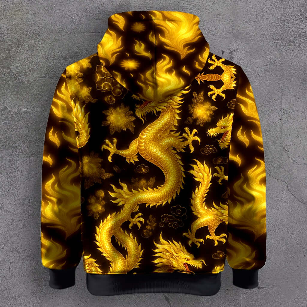 "HD digital print close-up on Inferno Dragon Graphic Hoodie with fiery details"