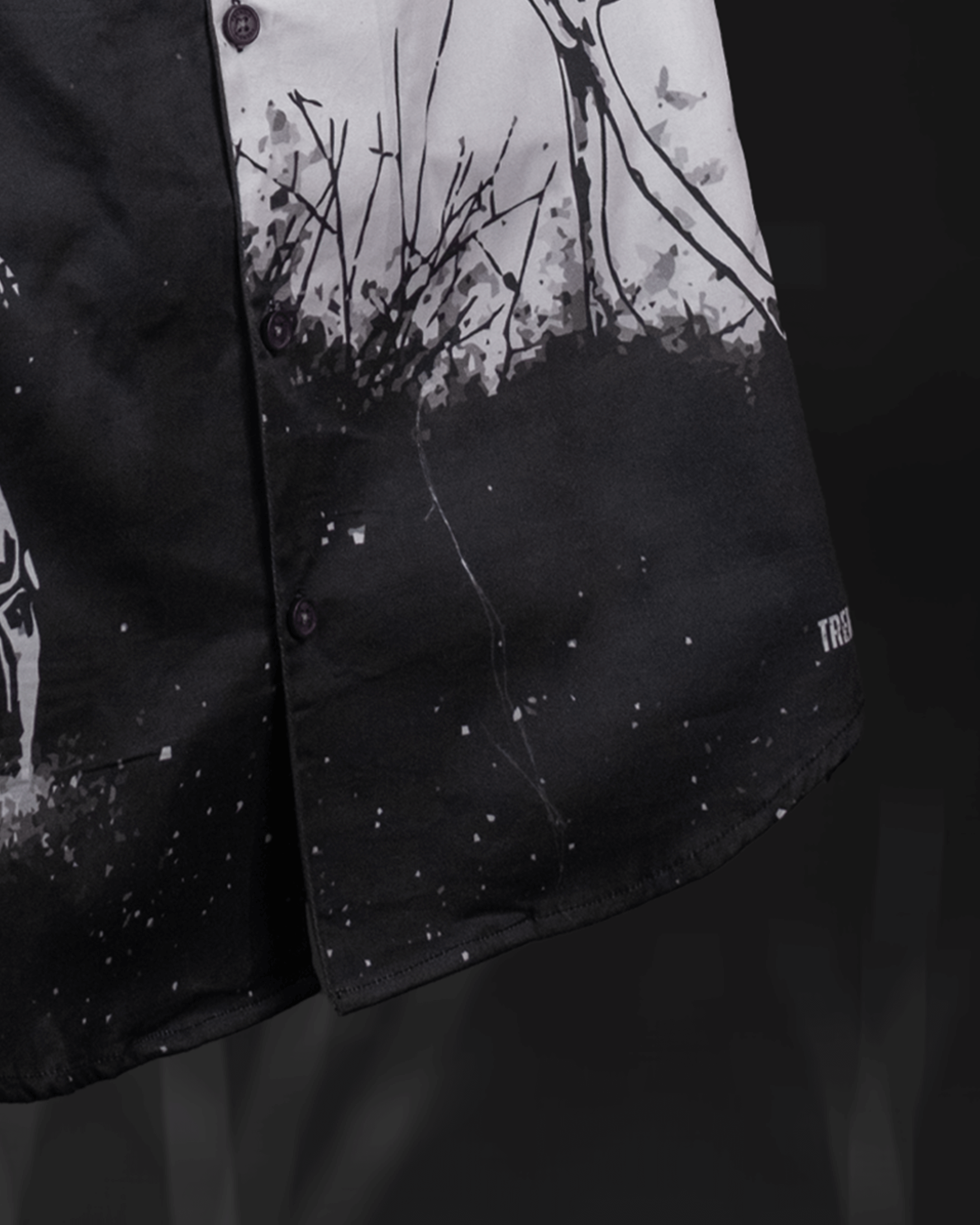Close-up of Celestial Allies Cotton Shirt showcasing unique black and white design, perfect for modern partywear and casual outfits.