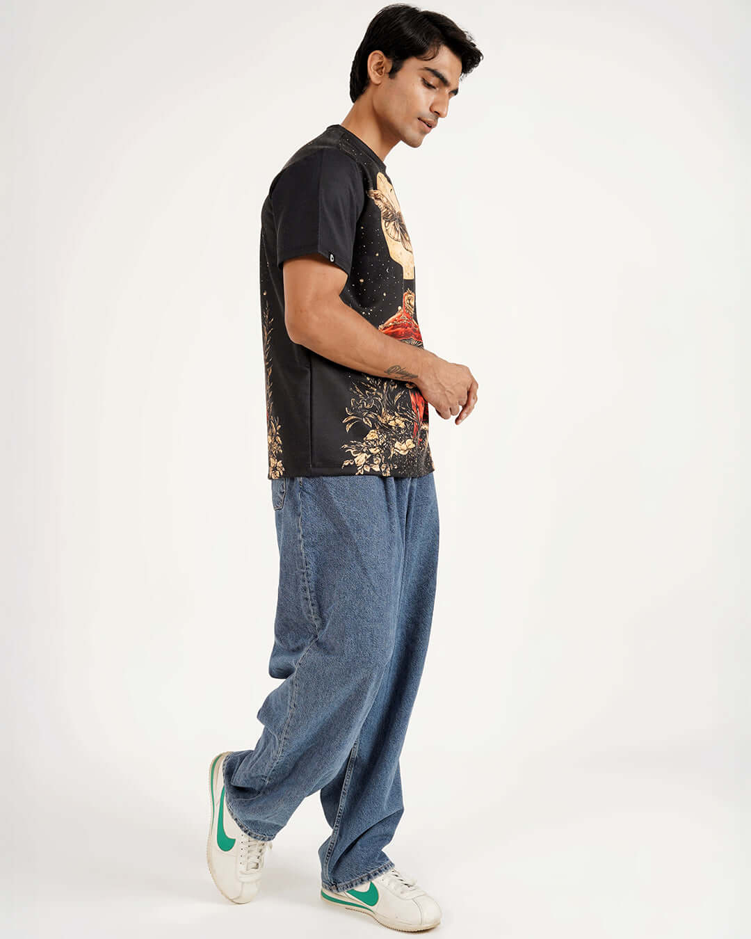 Dark Bloom Printed Tee – Floral Graphic Cotton T-Shirt