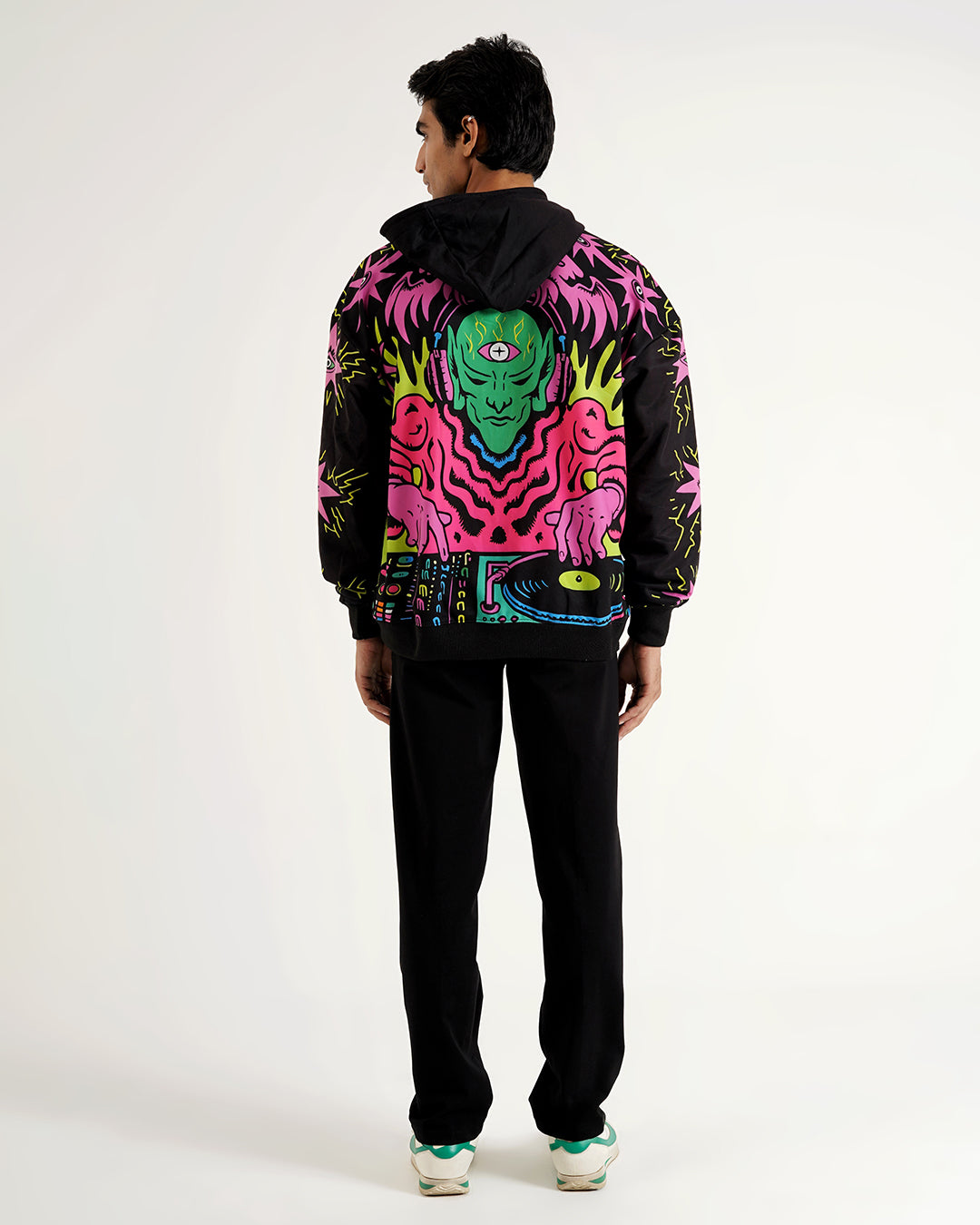 Neon Alien DJ Graphic Hoodie – Psychedelic Streetwear Print